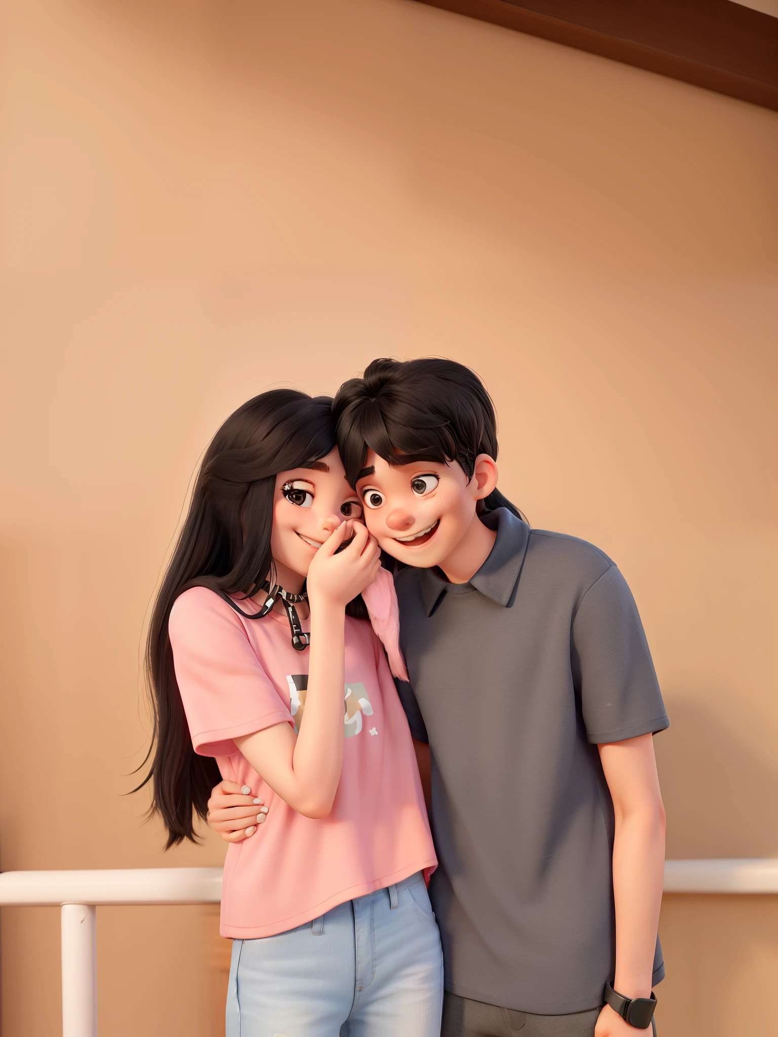 Girl has a long hair. She is wearing a pink crop top. Boy is wearing a black tshirt with a collar. The girl is smiling covering her mouth with one hand. Both of them have black hair