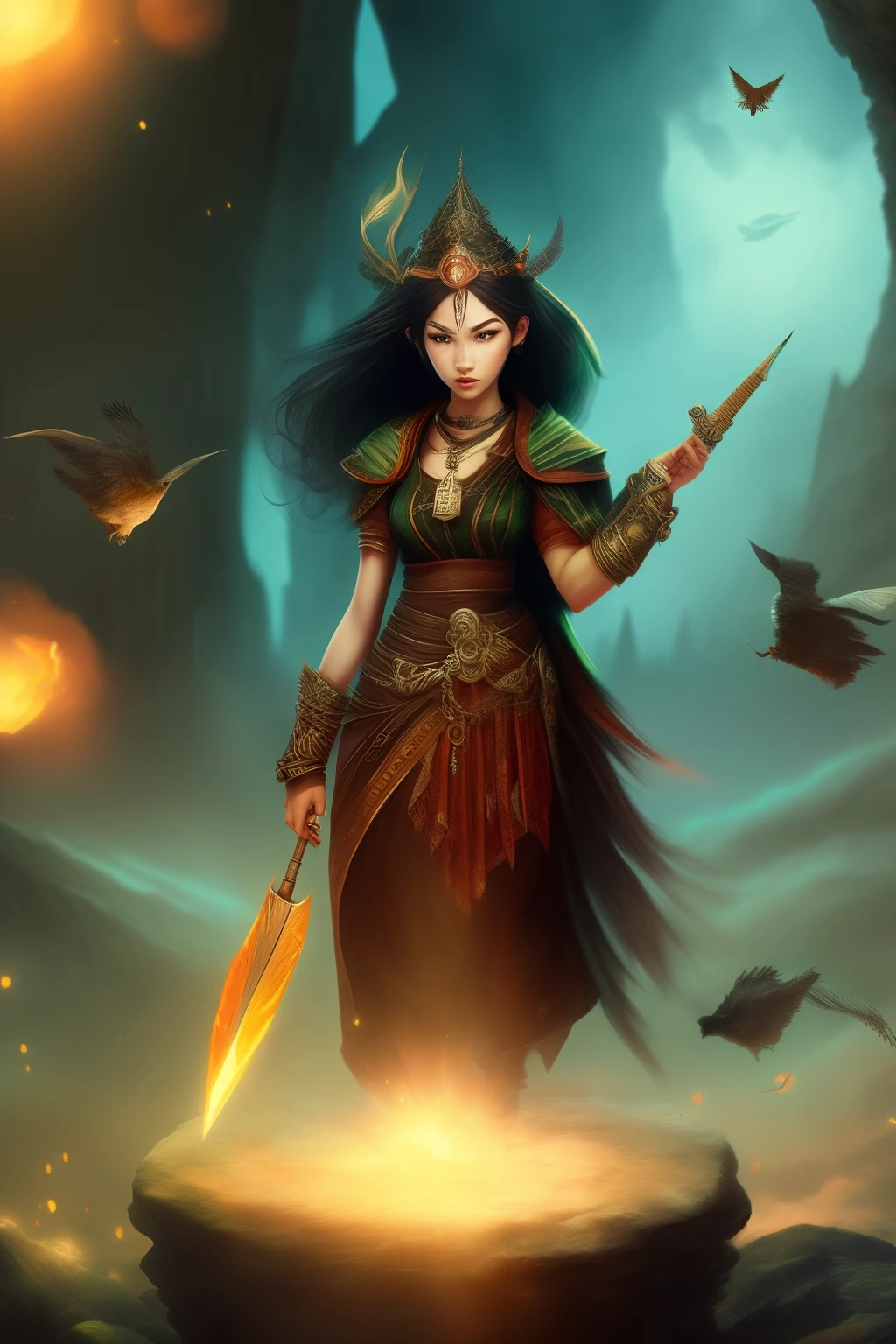 fantasy game female character, exiled and forgotten goddess with black hair and ice piwers.