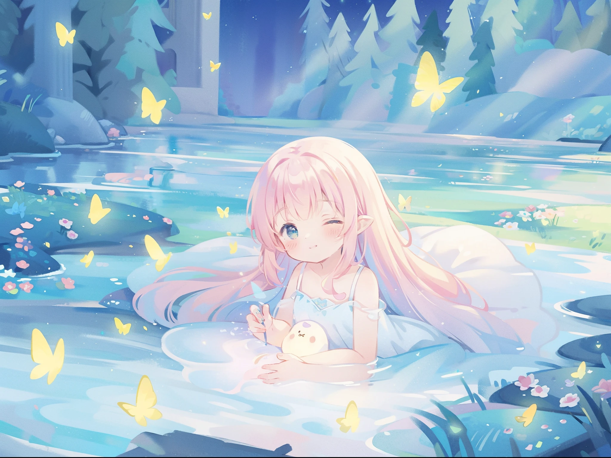 watercolor illustration, vibrant pastel colors, dreamy, colorful, whimsical, magical, masterpiece, best quality, sharp focus, intricately detailed environment, fine detail, 8k resolution, waterfall lagoon, (magical lagoon), (waterfall, lake), glowing lights, fireflies, glowing butterflies, fairy creatures, glowing fairies, beautiful girl in sparkling delicate white dress