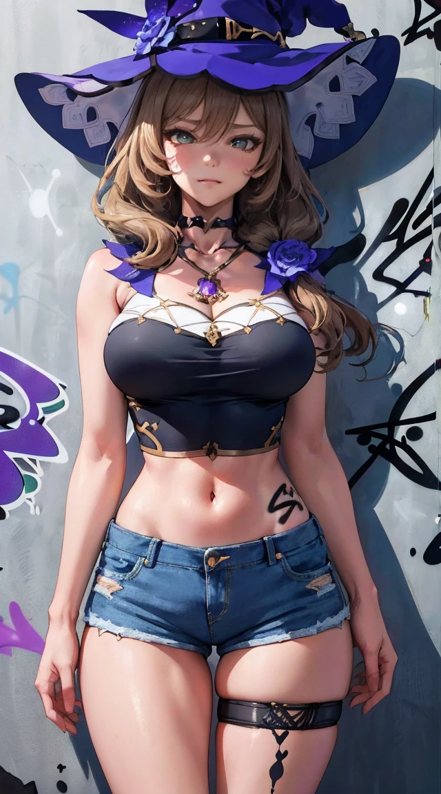 Lisa|genshin impact, master-piece, bestquality, 1girls,25 years old, shorts jeans, oversized breasts, ,bara, crop top, shorts jeans, choker, (Graffiti:1.5), Splash with purple lightning pattern., arm behind back, against wall, View viewers from the front., Thigh strap, Head tilt, bored, water eyes,