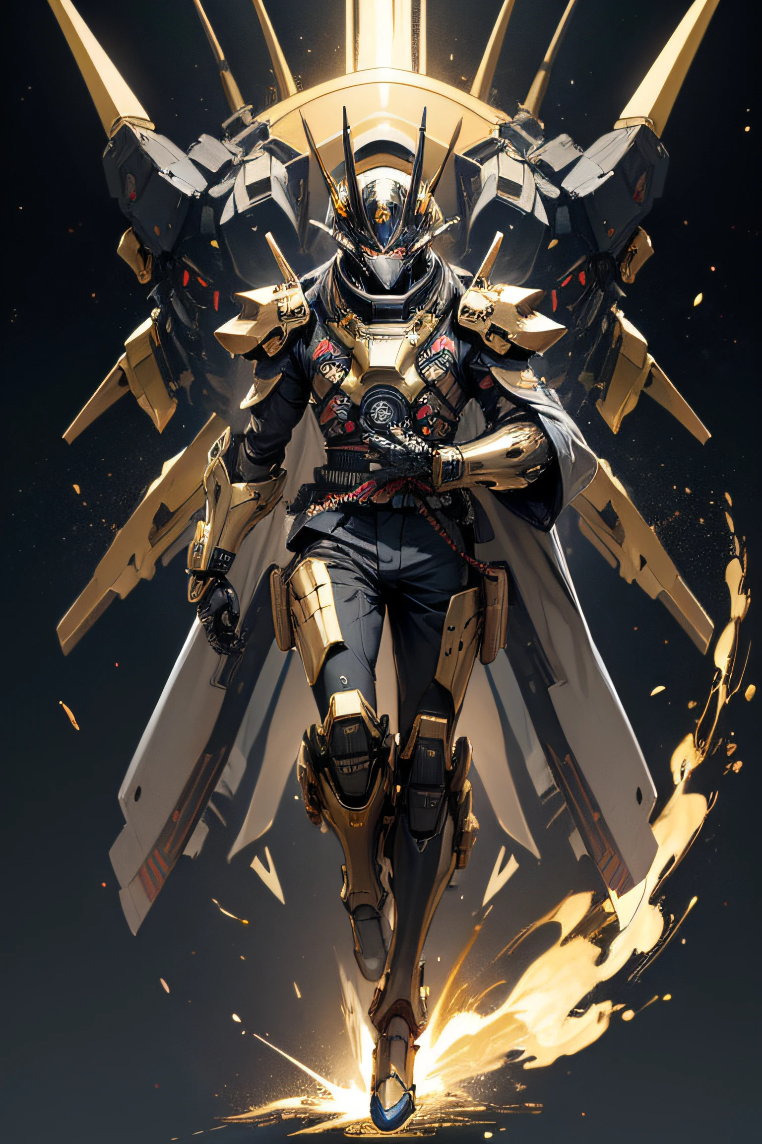mecha with samurai helmet, holding twin turbo mechanical guns, black base(gold and blue theme), full body, space background(earth below),