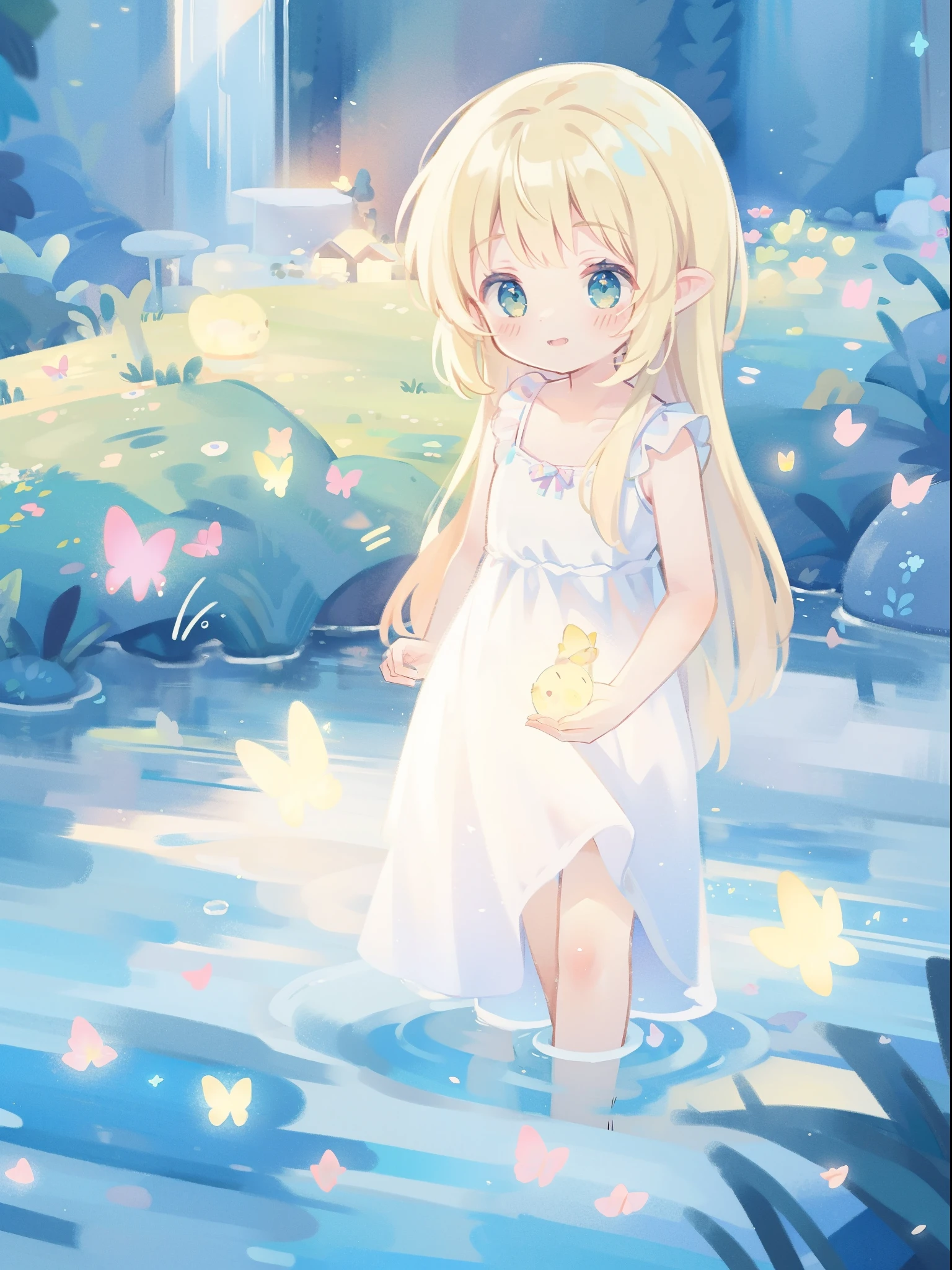 watercolor illustration, vibrant pastel colors, dreamy, colorful, whimsical, magical, masterpiece, best quality, sharp focus, intricately detailed environment, fine detail, 8k resolution, waterfall lagoon, (magical lagoon), (waterfall, lake), glowing lights, fireflies, glowing butterflies, fairy creatures, glowing fairies, beautiful girl in sparkling delicate white dress