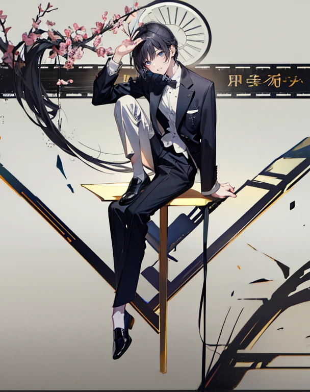 male angel sitting on rebar、full body Esbian、an legs、shoe、trouser