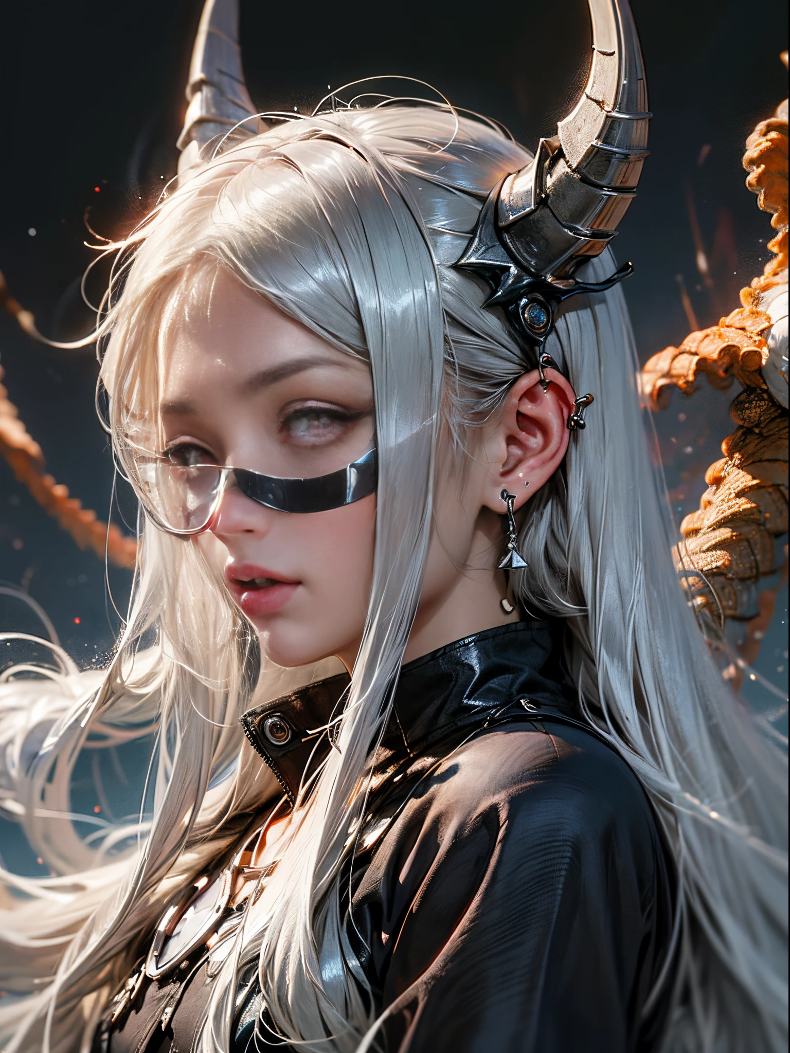 masterpiece, best quality, ultra-detailed, absurdres, colorful, 1girl, solo, (solid red eyes:1.0), (white hair, long hair, straight hair, hair over one eye:1.0), detailed eyes, wide-eyed, eyelashes, (upper body:0.8), monster girl, side view, glowing eyes, tilted head, night, black suit, pointy ears, horror, dark, black background, looking at viewer, crown, high contrast, backlighting, (standing:0.8), aura, fractal background, chaotic, spiral, demon horns, energy, mosaic, inferno