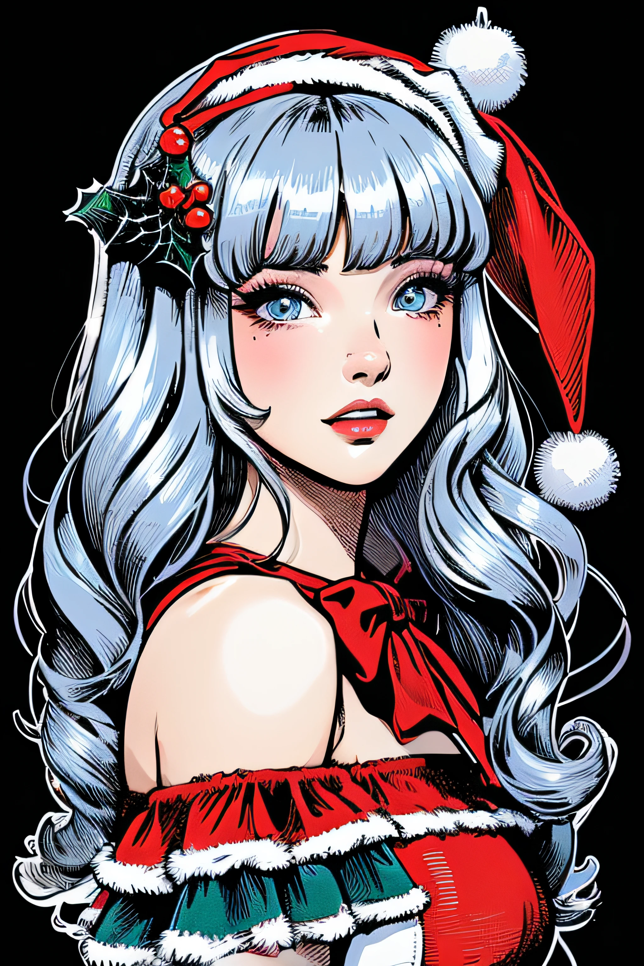 Beautiful Hardcore Illustration homepage illustration style, dark, high resolution, hard touch illustration, strong outline, two girls, Christmas style, Christmas fashion, 8k, American comic style, colorful background, Hiroyuki Nagasaka, aggressive, beautiful face, cool beauty, dress, beauty style, rainbow color, battle, Hard illustration, silver colored hair, Two persons, backwards, Christmas,