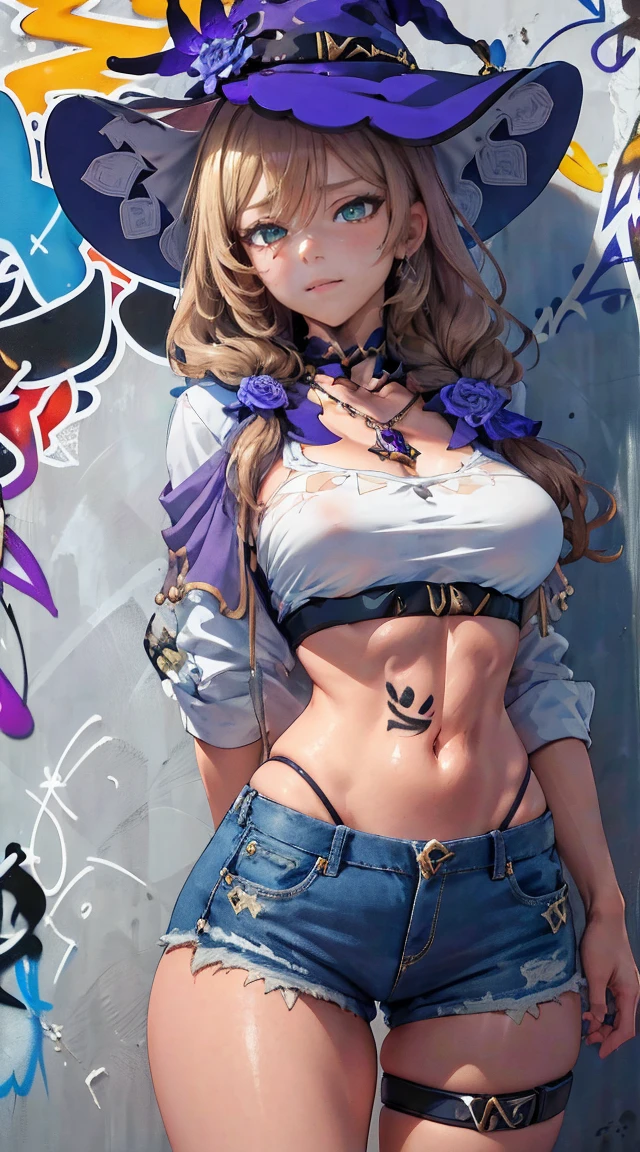 Lisa Genshin Impact Effects, master-piece, bestquality, 1girls, bara, crop top, shorts jeans, choker, (Graffiti:1.5), Splash with purple lightning pattern., arm behind back, against wall, View viewers from the front., Thigh strap, Head tilt, bored, water eyes,