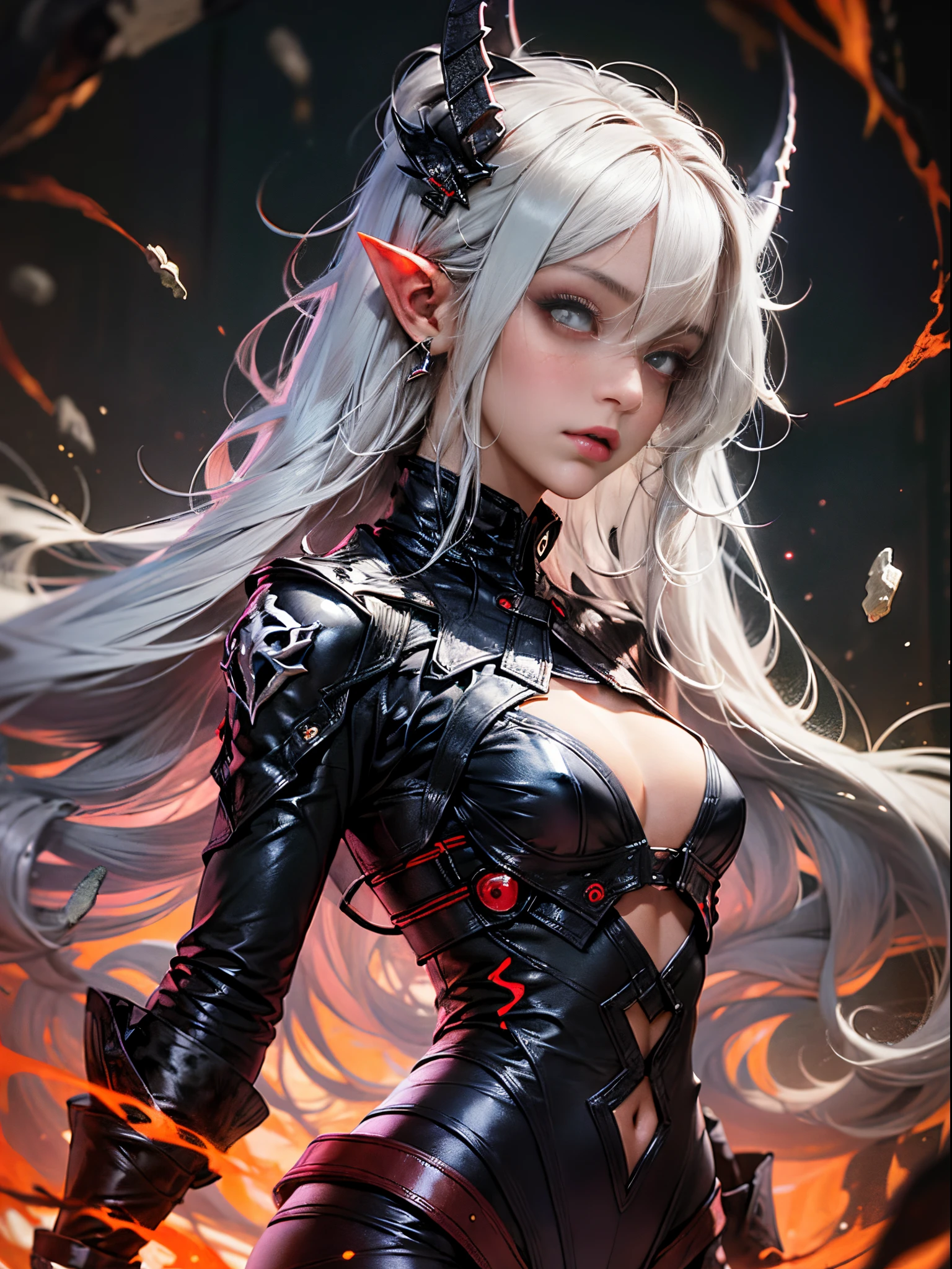 masterpiece, best quality, ultra-detailed, absurdres, colorful, 1girl, solo, (solid red eyes:1.0), (white hair, long hair, straight hair, hair over one eye:1.0), detailed eyes, wide-eyed, eyelashes, (upper body:0.8), monster girl, side view, glowing eyes, tilted head, night, black suit, pointy ears, horror, dark, black background, looking at viewer, crown, high contrast, backlighting, (standing:0.8), aura, fractal background, chaotic, spiral, demon horns, energy, mosaic, inferno