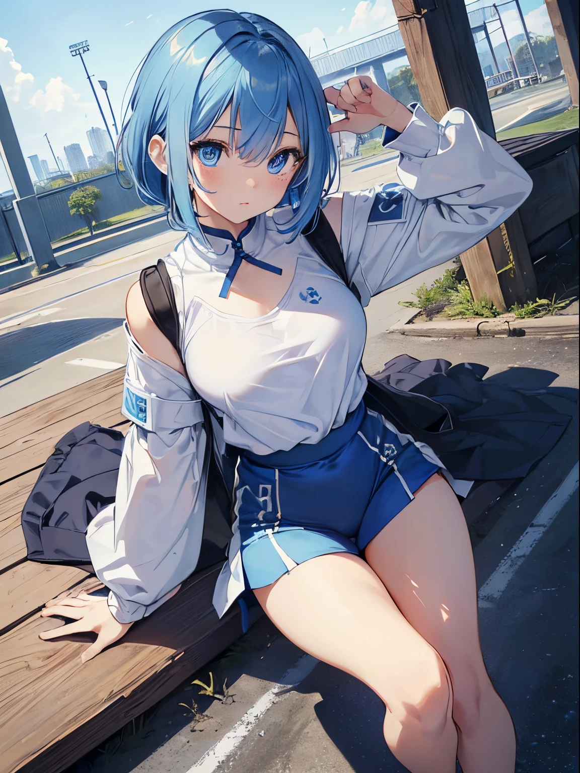 Masterpiece, high resolution, extremely detailed, realistic, 1 girl, (((cute face, (young), slightly chubby, cute eyes, long sky blue hair, bright blue eyes, blushing, embarressed, running, tight white shirt, tight black skirt, micro skirt, breast bouncing, looking at viewer))), ((in park))