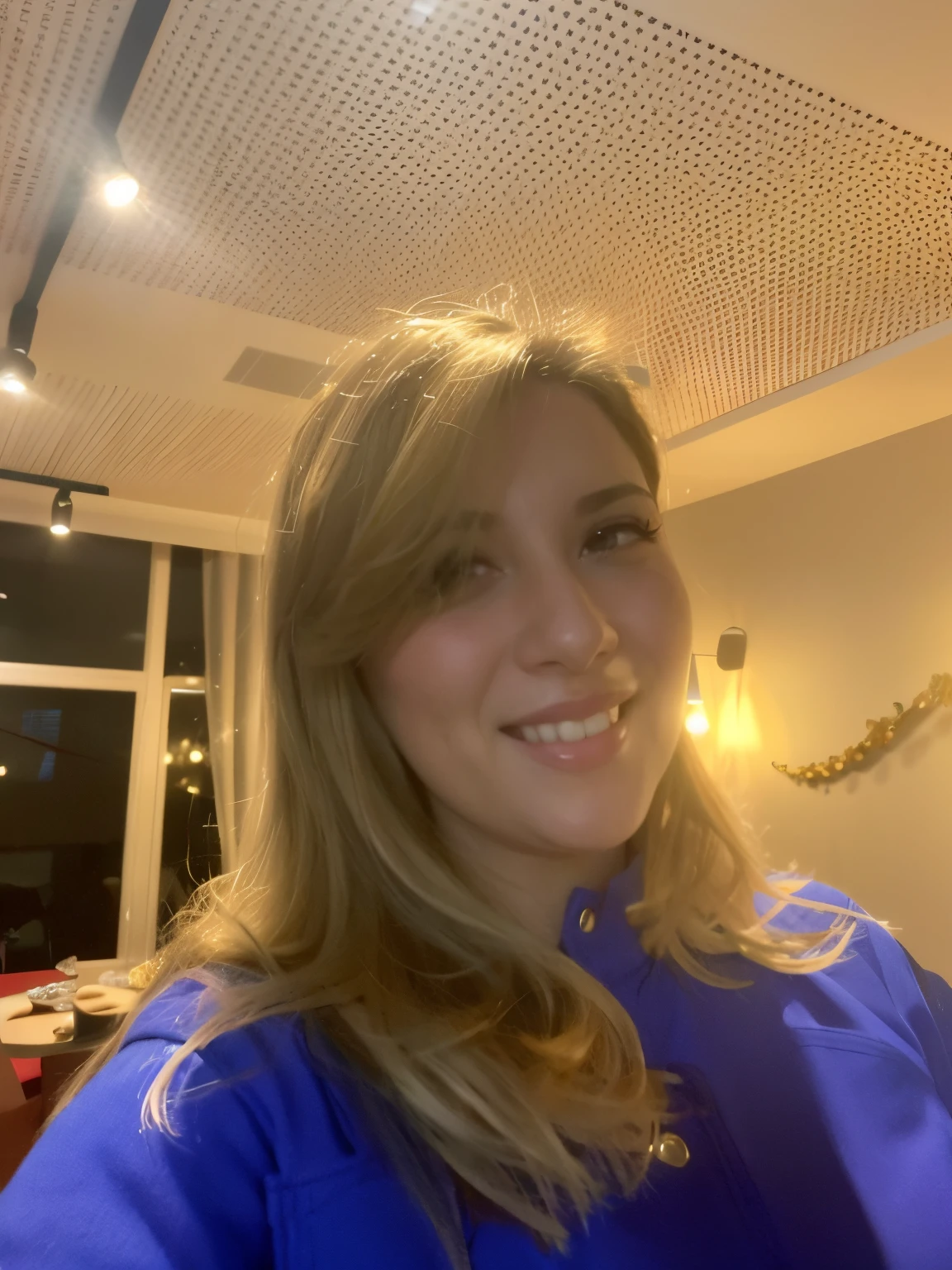 smiling woman in a blue shirt holding a glass of wine in a room, imagem de perfil, taken in the early 2020s, Fotografia tirada em 2 0 2 0, Directed by: Nandor Soldier, Directed by: Micha Klein, photo taken at night, fotografia tirada em 2 0 2 0, Serena Malyon, Grego Ameera al Taweel, Alina Ivanchenko