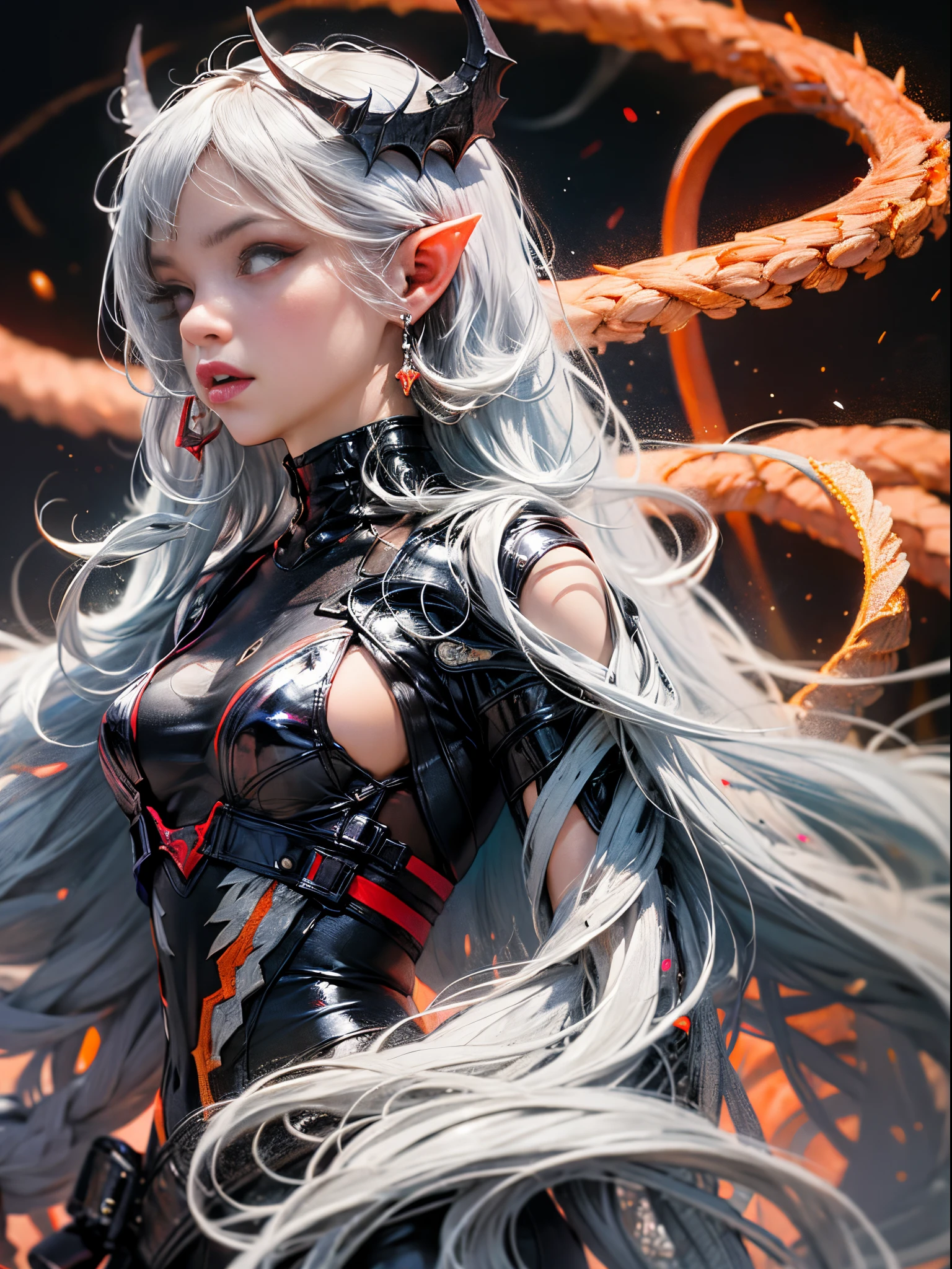 masterpiece, best quality, ultra-detailed, absurdres, colorful, 1girl, solo, (solid red eyes:1.0), (white hair, long hair, straight hair, hair over one eye:1.0), detailed eyes, wide-eyed, eyelashes, (upper body:0.8), monster girl, side view, glowing eyes, tilted head, night, black suit, pointy ears, horror, dark, black background, looking at viewer, crown, high contrast, backlighting, (standing:0.8), aura, fractal background, chaotic, spiral, demon horns, energy, mosaic, inferno