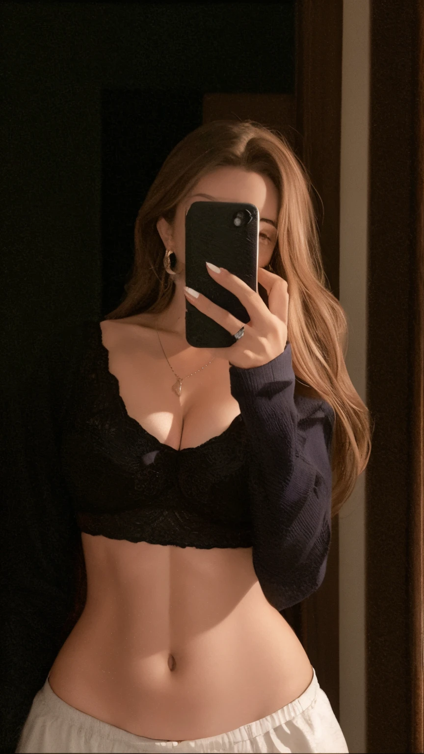 Arafed Woman taking a selfie in a mirror with her cell phone, her belly button is exposed, tiny black bra, Abdomen expuesto, Llevar un sexy top recortado, tinyest midriff ever, 2 4 year old female model, Foto en forma, 21-year-old, 2 2 years old, foto filtrada