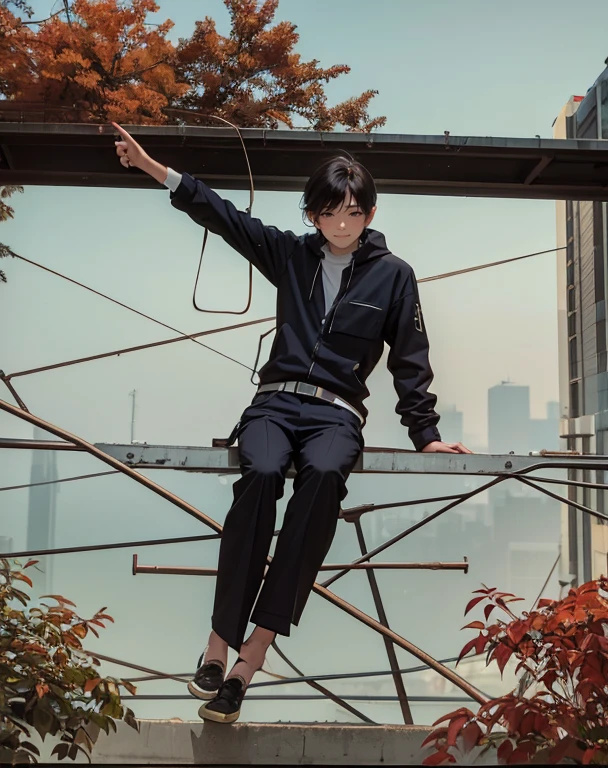 male angel sitting on rebar、full body Esbian、an legs、shoe、trouser