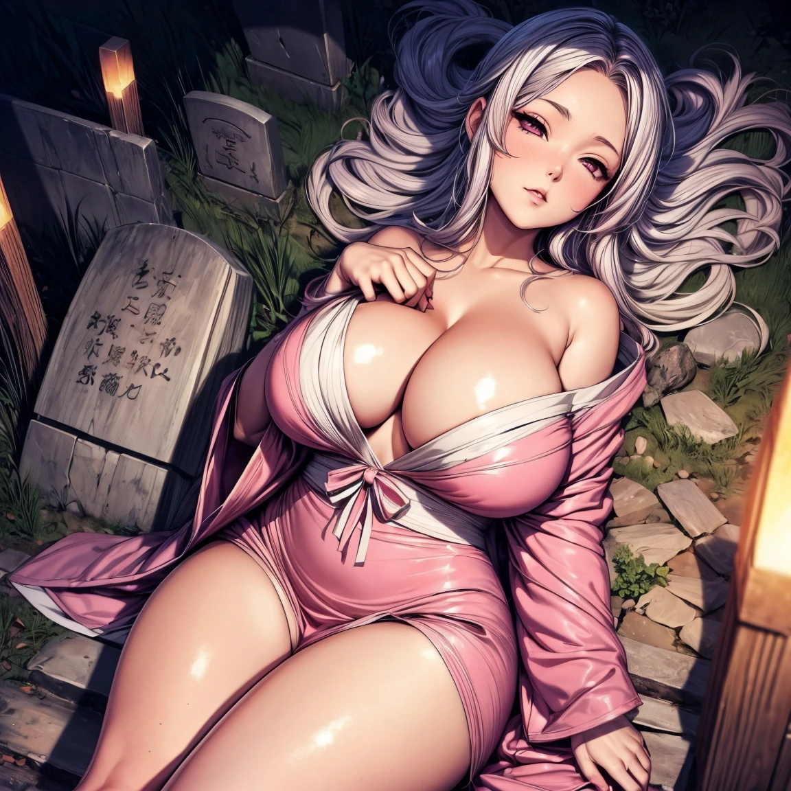 Masterpiece, 1girl,solo,huge breasts, ghost costume , (hitodama) ,night, tombstone, graveyard, long sleeves, very long sleeves, , ghost, pale skin,, off shoulder, cleavage, no bra, (((extremely long white hair))), lying on ground by tombstone, bare legs, shredded tattered clothes, curvy wide hips, massive breasts, chubby thighs, (((beautiful bright pink anime eyes))), japanese graveyard, from above, full lips, beautiful mature face, MILF