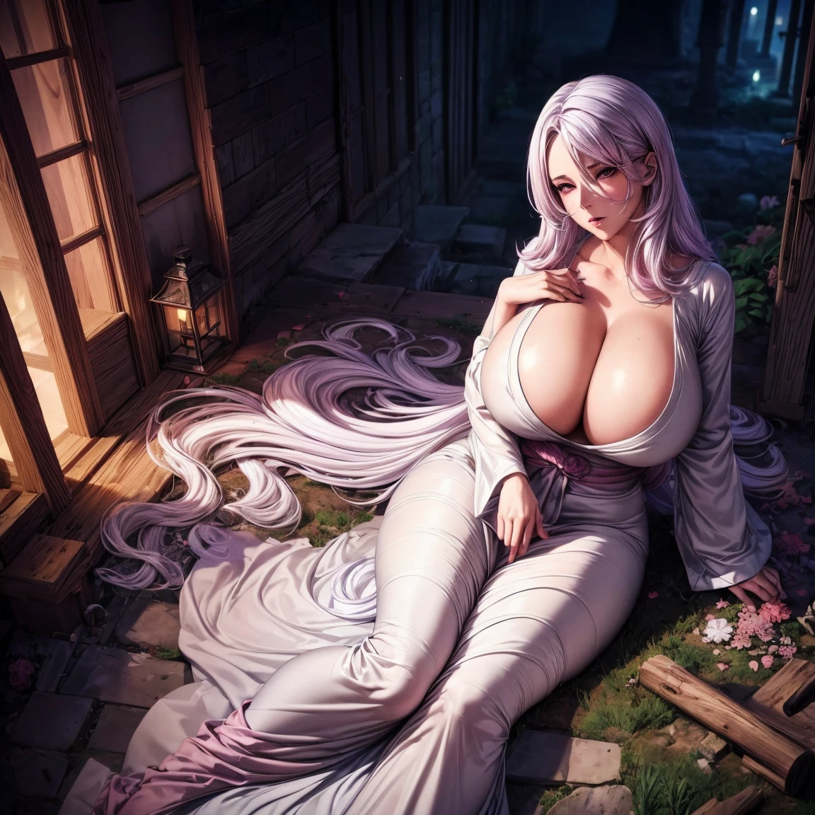 Masterpiece, 1girl,solo,huge breasts, ghost costume , (hitodama) ,night, tombstone, graveyard, long sleeves, very long sleeves, , ghost, pale skin,, off shoulder, cleavage, no bra, (((extremely long white hair))), lying on ground by tombstone, bare legs, shredded tattered clothes, curvy wide hips, massive breasts, chubby thighs, (((beautiful bright pink anime eyes))), japanese graveyard, from above, full lips, beautiful mature face, MILF