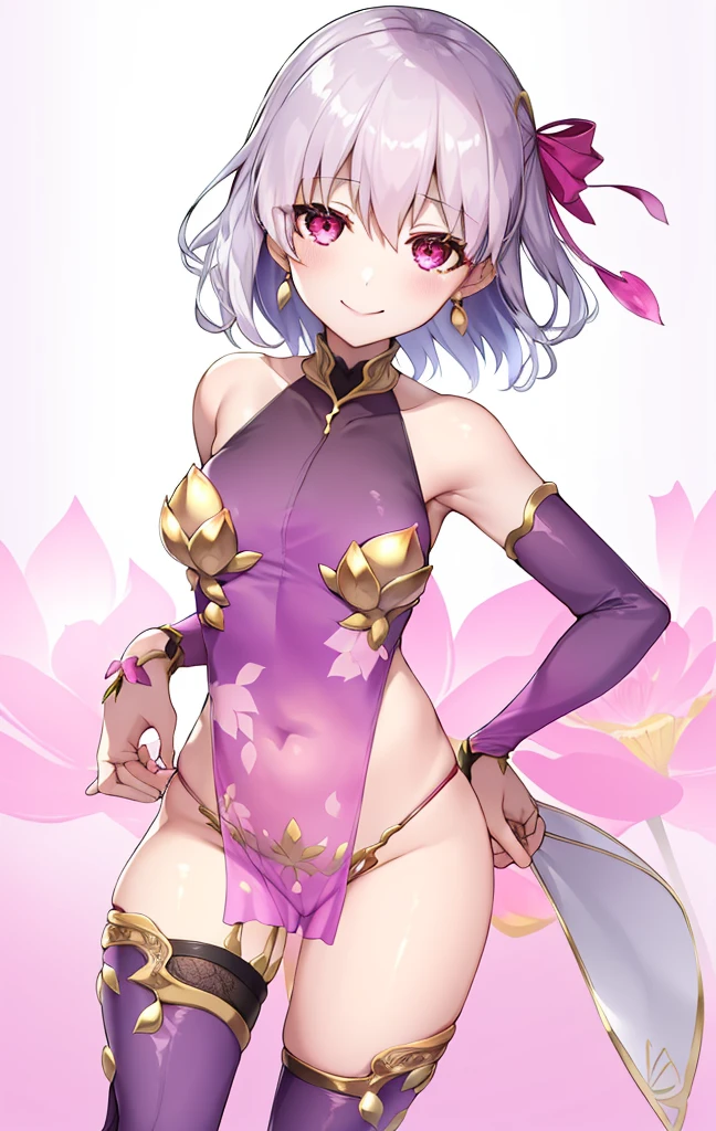 KamaDe, OriginalKamaOutfit, 1girl, flower, solo, smile, looking at viewer, lotus, holding, gradient background, gradient, closed mouth, pink flower, sexy, nsfw
