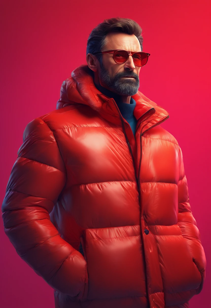 A stunning intricate full colour full body photo of hugh jackman wearing glasses, (wearing a red puffer jacket, shiny coat), beard, epic character composition, by ilya kuvshinov, alessio albi, nina masic, sharp focus, natural lighting, subsurface scattering, f2, 35mm, film grain