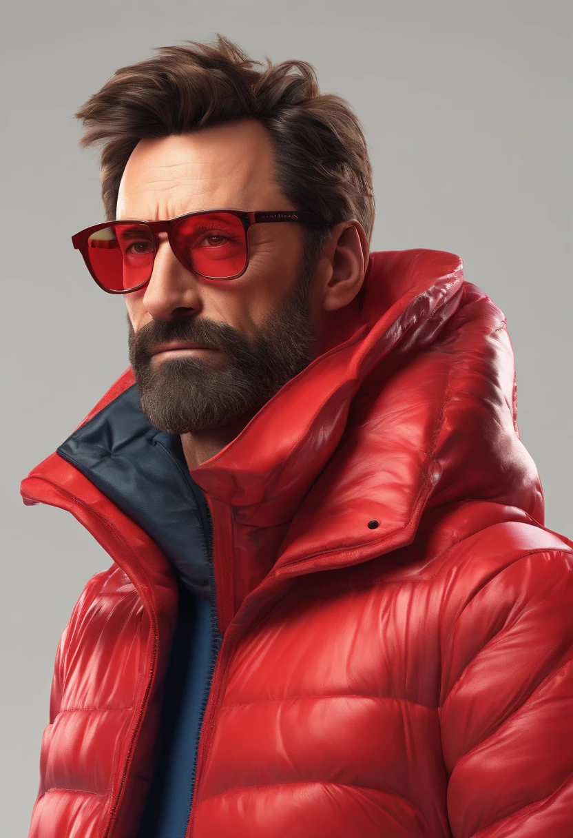 A stunning intricate full colour full body photo of hugh jackman wearing glasses, (wearing a red puffer jacket, shiny coat), beard, epic character composition, by ilya kuvshinov, alessio albi, nina masic, sharp focus, natural lighting, subsurface scattering, f2, 35mm, film grain