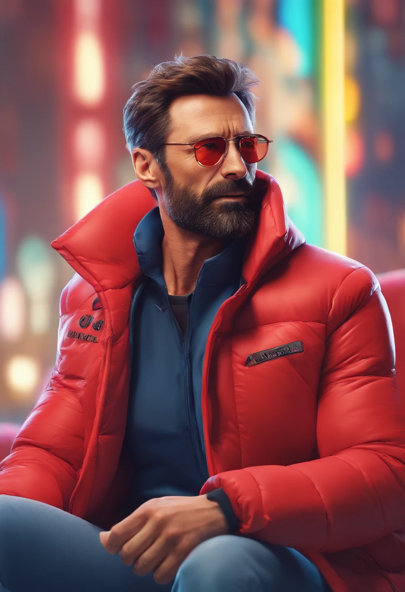 A stunning intricate full colour full body photo of hugh jackman wearing glasses, (wearing a red puffer jacket, shiny coat), beard, epic character composition, by ilya kuvshinov, alessio albi, nina masic, sharp focus, natural lighting, subsurface scattering, f2, 35mm, film grain