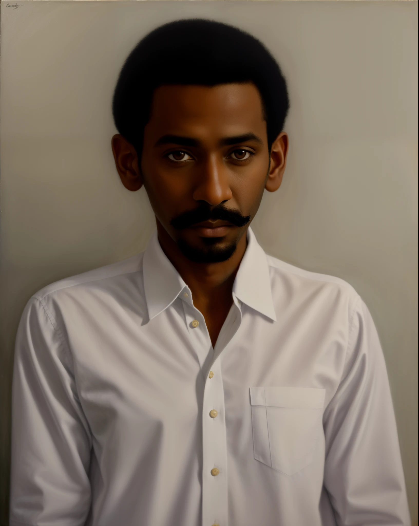 pintura de um homem com bigode e camisa branca, Arte de Pedro Bell, portrait of pele, Directed by: Barkley Hendricks, inspirado em Barkley Hendricks, inspirado em Abdur Rahman Chughtai, Raden Saleh, retrato detalhado, imagem retrato, pintura de um homem, mario robinson. oil on the canvas, retrato de artistas, Mohamed Chahin, retrato colorido, Retrato de Mario