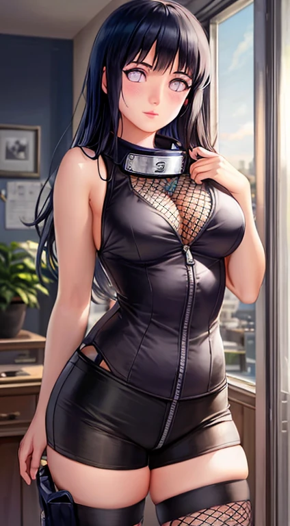 Masterpiece, high definition, high quality, detailed face, detailed body limb rendering, 1girl, solo, Hinata Hinata, Hinata sleeveless clothing, room,, sleeveless shirt, fishnet garment, dark lips, unzipped jacket, no bra, breasts out, standing, blush, , stockings, transparency