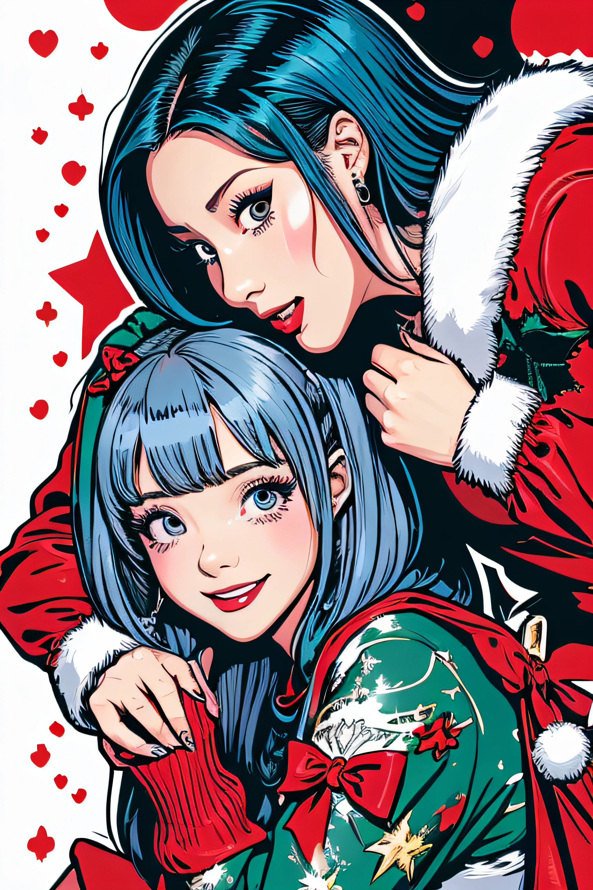 Beautiful Hardcore Illustration homepage illustration style, dark, high resolution, hard touch illustration, strong outline, two girls, Christmas style, Christmas fashion, 8k, American comic style, colorful background, Hiroyuki Nagasaka, aggressive, beautiful face, cool beauty, dress, beauty style, rainbow color, battle, Hard illustration, silver colored hair, Two persons, backwards, Christmas,