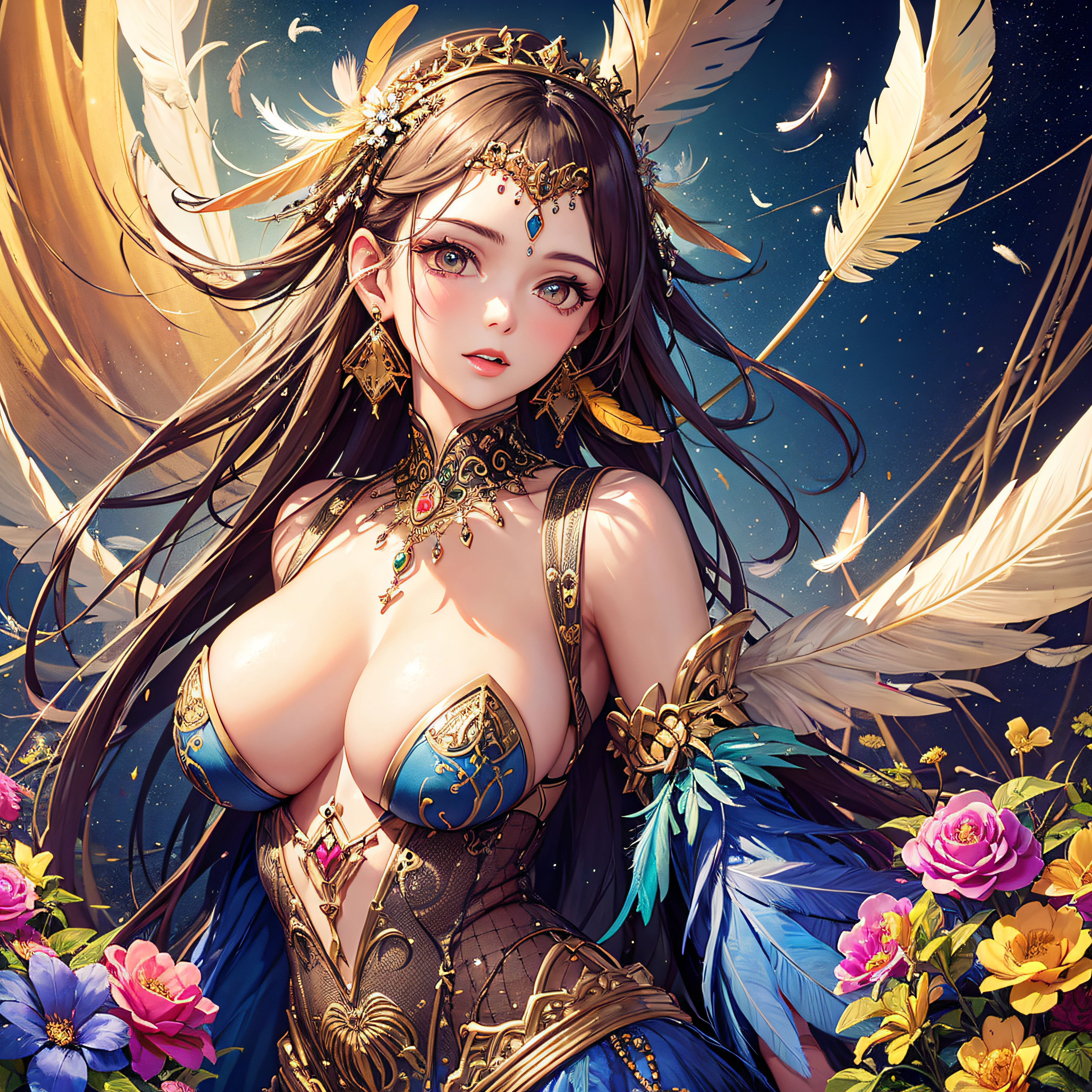 girl with,Huge breasts,off shoulders,Golden hair,Colored feathers,metal ornaments,colorful flower,Particle,Rays of Light,(masutepiece, of the highest quality, Best Quality, Official art, Beautiful and aesthetic:1.2), (1girl in:1.3), Extremely detailed,(Fractal Art:1.1),(Colorful:1.1)(Flowers:1.3),highest details,(Zentangle:1.2), (Dynamic Pose), (Abstract background:1.3), (Shiny skin), (Many colors:1.4), ,(earrings:1.4), (Feathers:1.4)