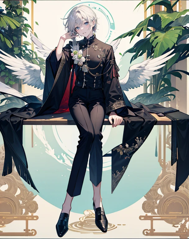 male angel sitting on rebar、full body Esbian、an legs、shoe、trouser
