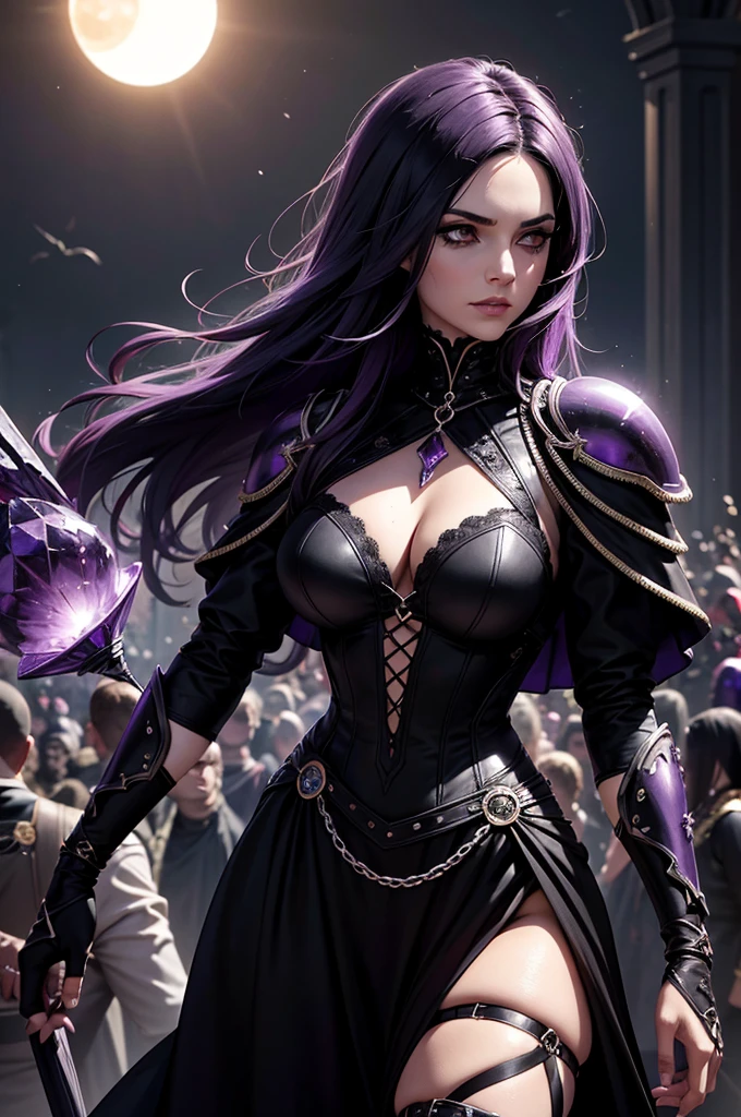 Uma personagem feminina usando capa, cabelos preto curtos, In the midst of the crowd,Eclipse,goth clothing, detalhadas, 8k, magnificent art, dramatic scene, Eclipse at the apex of the image, Gothic armor with amethyst details, roxo, Vampiro, fluttering cover.