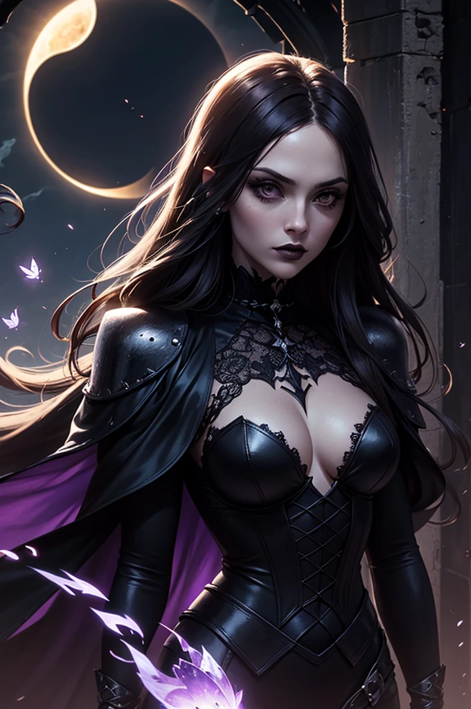Uma personagem feminina usando capa, cabelos preto curtos, In the midst of the crowd,Eclipse,goth clothing, detalhadas, 8k, magnificent art, dramatic scene, Eclipse at the apex of the image, Gothic armor with amethyst details, roxo, Vampiro, fluttering cover.