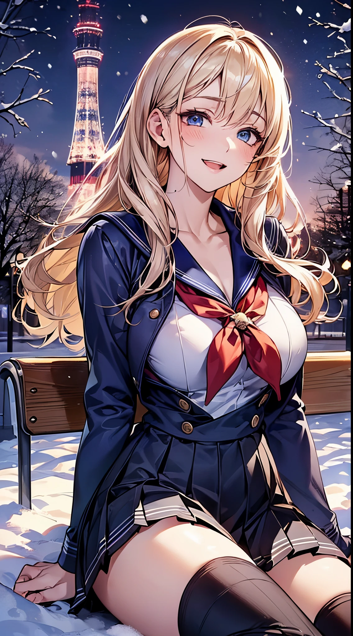 ((((perfect anatomy, super detailed skin)))), 1 girl, japanese, high school girl, shiny skin, large breasts:0.5, looking away, looking up, watching the view, from below,
beautiful hair, beautiful face, beautiful detailed eyes, (long hair:1.7, side ponytaail:1.5), blond hair, blue eyes,
beautiful clavicle, beautiful body, beautiful chest, beautiful thigh, beautiful legs, face, mole under eye,
((((long sleeves)), all navy sailor suit, navy pleated skirt, navy sailor collar, red sailor scarf, thigh-highs, short boots), school bag, cross necklace), seductive thighs, ,
((smile:1.5, open your mouth wide)), , female masturbation, lifting skirt myself,
(beautiful scenery),winter, midnight, hokkaido, sapporo, odori park, park bench, sitting, christmas, (christmas tree), illumination, tv tower, snow, snowfall:1.5, freezing weather, frost,
(8k, top-quality, masterpiece:1.2, extremely detailed), (photorealistic), beautiful illustration, cinematic lighting,