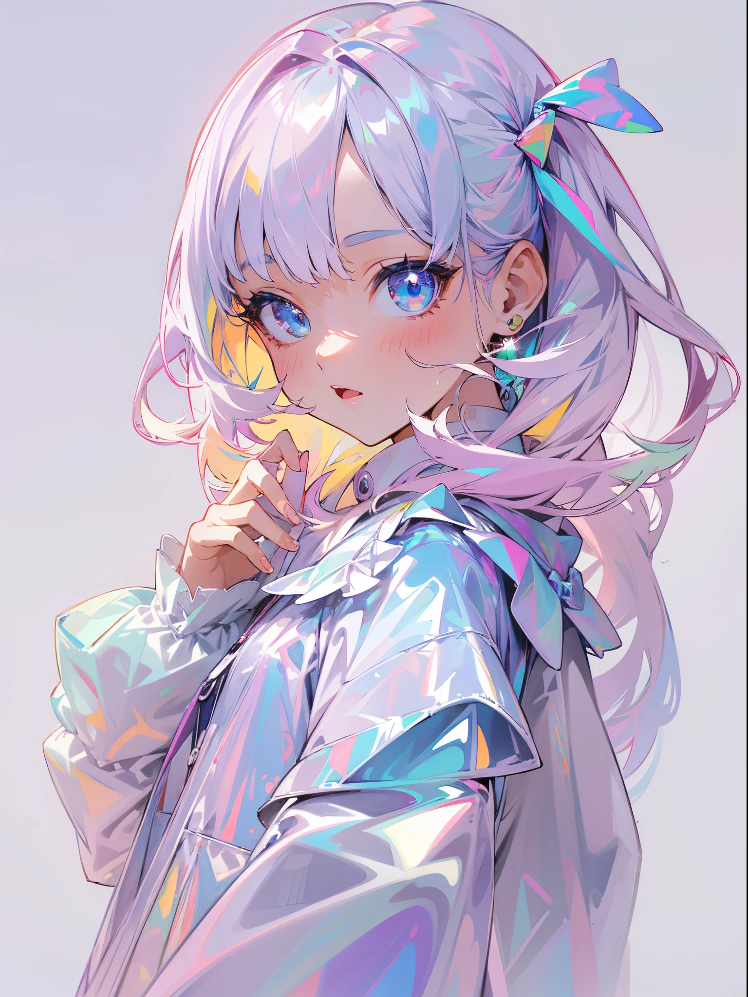 Transparent Colored PVC Clothing, Transparent colored vinyl garment, prismatic, a hologram, color difference, Fashion illustration, tmasterpiece, Harajuku Fashion Girls, looking at viewert,pretty eyes, 8K, ultra - detailed, pixiv,(fully body photo),Rainbow theme