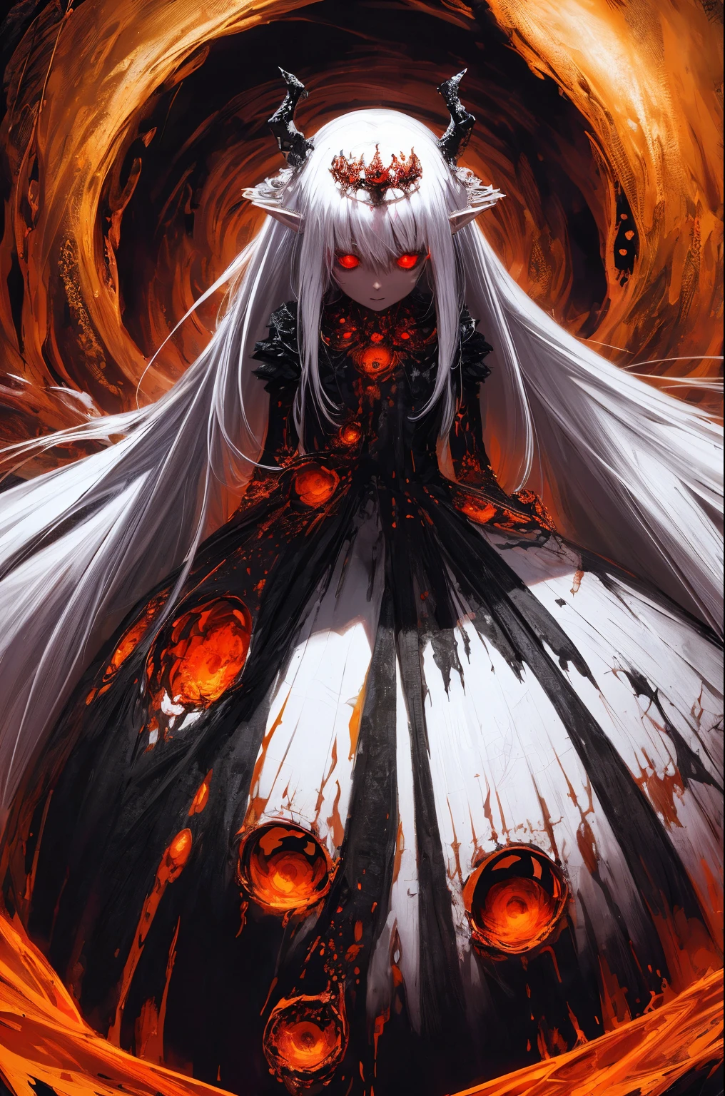 masterpiece, best quality, ultra-detailed, absurdres, colorful, 1girl, solo, (solid red eyes:1.0), (white hair, long hair, straight hair, hair over one eye:1.0), detailed eyes, wide-eyed, eyelashes, (upper body:0.8), monster girl, side view, glowing eyes, tilted head, night, black suit, pointy ears, horror, dark, black background, looking at viewer, crown, high contrast, backlighting, (standing:0.8), aura, fractal background, chaotic, spiral, demon horns, energy, mosaic, inferno