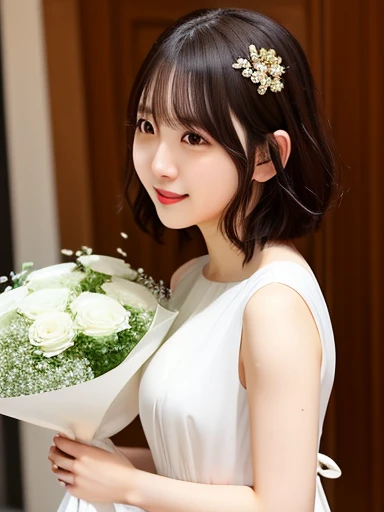 Miona Hori, short bob hair, gown dress, flowing dress, bouquet