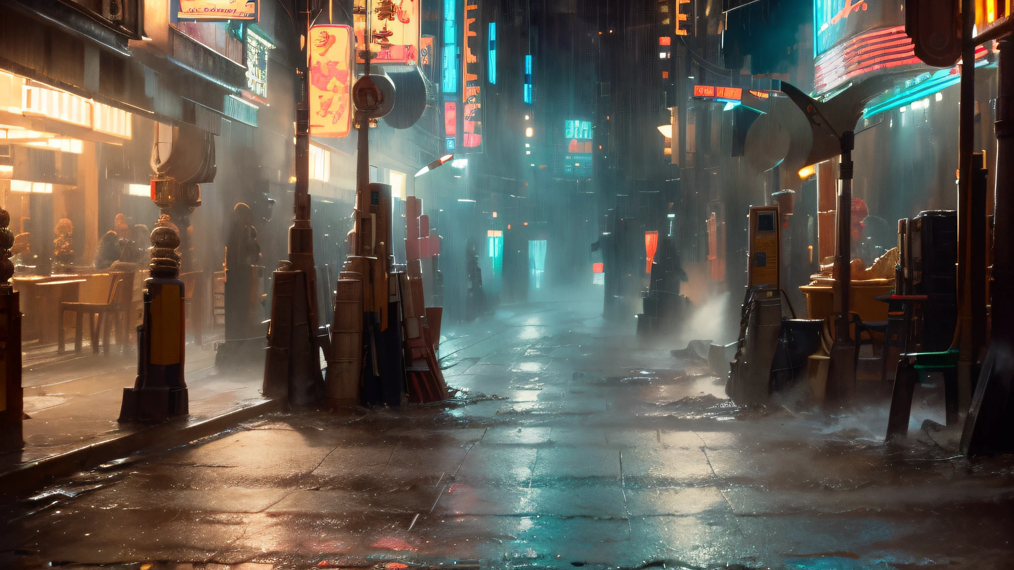 ((Best quality)), ((Masterpiece)), (highly detailed:1.3), Cyberpunk Noodle Bar la nuit sous la pluie,ville, cinematic, inspired by bladerunner, inspired by syd mead,Hdr (High Dynamic Range),,Ray Tracing,NVIDIA RTX,Super-Resolution,Unreal 5,Diffusion souterraine,Texturation PBR,Post-traitement,Filtrage anisotrope,profondeur de champ,Maximum Clarity and Sharpness,Textures multicouches,Albedo and specular maps,Ombrage de surface,Accurate Simulation of Light-Material Interaction,Proportions parfaites,Rendu octane,two tone lighting,ISO faible,Balance des blancs,Rule of Thirds,Grande ouverture,8K RAW,Sous-pixel efficace,Convolution sous-pixel,light diffusion,Effet Tyndall,