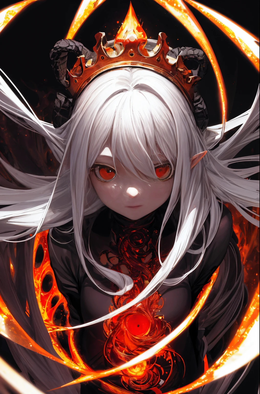 masterpiece, best quality, ultra-detailed, absurdres, colorful, 1girl, solo, (solid red eyes:1.0), (white hair, long hair, straight hair, hair over one eye:1.0), detailed eyes, wide-eyed, eyelashes, (upper body:0.8), monster girl, side view, glowing eyes, tilted head, night, black suit, pointy ears, horror, dark, black background, looking at viewer, crown, high contrast, backlighting, (standing:0.8), aura, fractal background, chaotic, spiral, demon horns, energy, mosaic, inferno