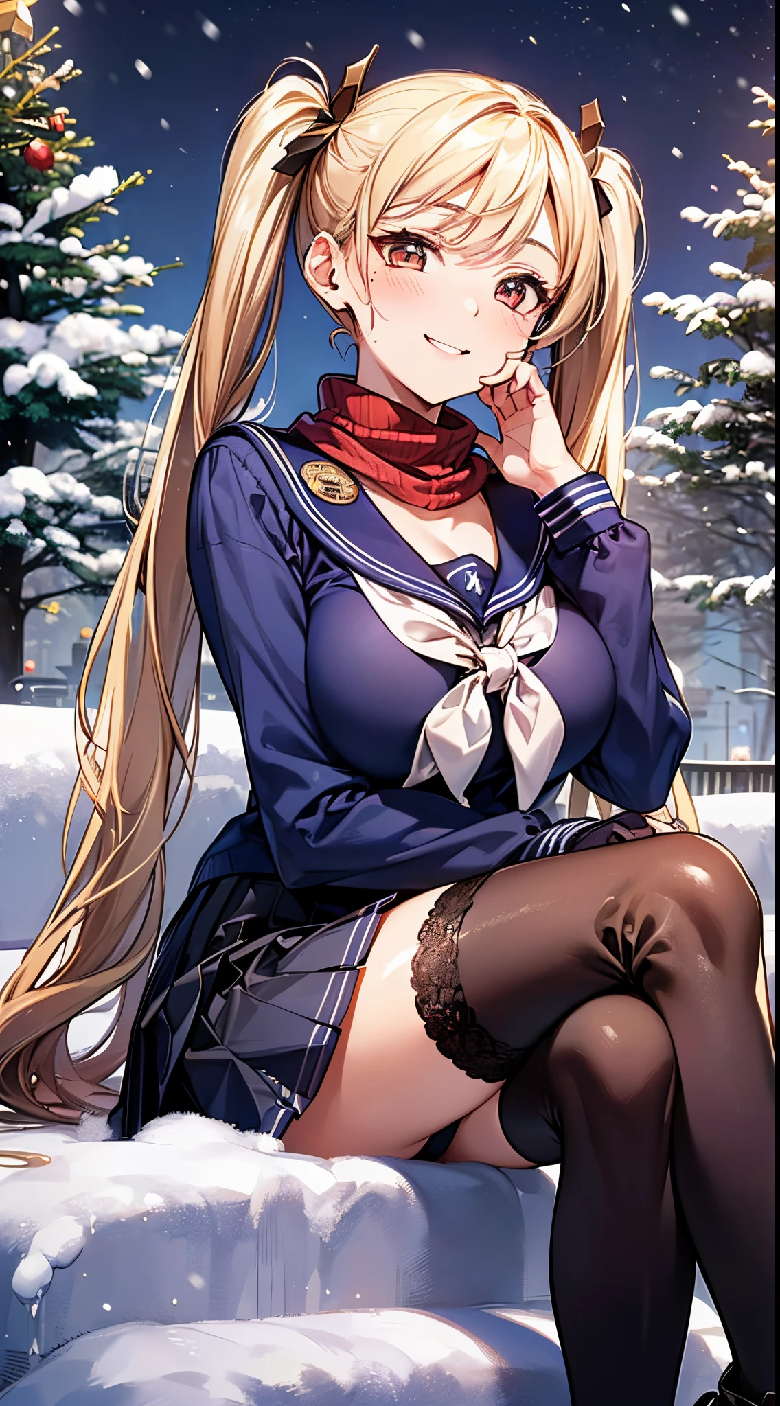 ((((perfect anatomy, super detailed skin)))), 1 girl, japanese, high school girl, shiny skin, large breasts:0.5, looking away, looking up, watching the view, from below, 
beautiful hair, beautiful face, beautiful detailed eyes, (long hair:1.4, twintails:1.7), blond hair, brown eyes, 
beautiful clavicle, beautiful body, beautiful chest, beautiful thigh, beautiful legs, babyface, mole under eye, 
((((long sleeves)), all navy sailor suit, navy pleated skirt, navy sailor collar, red sailor scarf, thigh-highs, short boots), school bag, cross necklace), seductive thighs, , 
((smile:1.5, open your mouth wide)), , female masturbation, lifting skirt myself, 
(beautiful scenery),winter, midnight, hokkaido, sapporo, odori park, park bench, sitting, crossed legs, christmas, christmas tree, illumination, tv tower, snow, snowfall:1.5, freezing weather, frost, 
(8k, top-quality, masterpiece​:1.2, extremely detailed), (photorealistic), beautiful illustration, cinematic lighting,