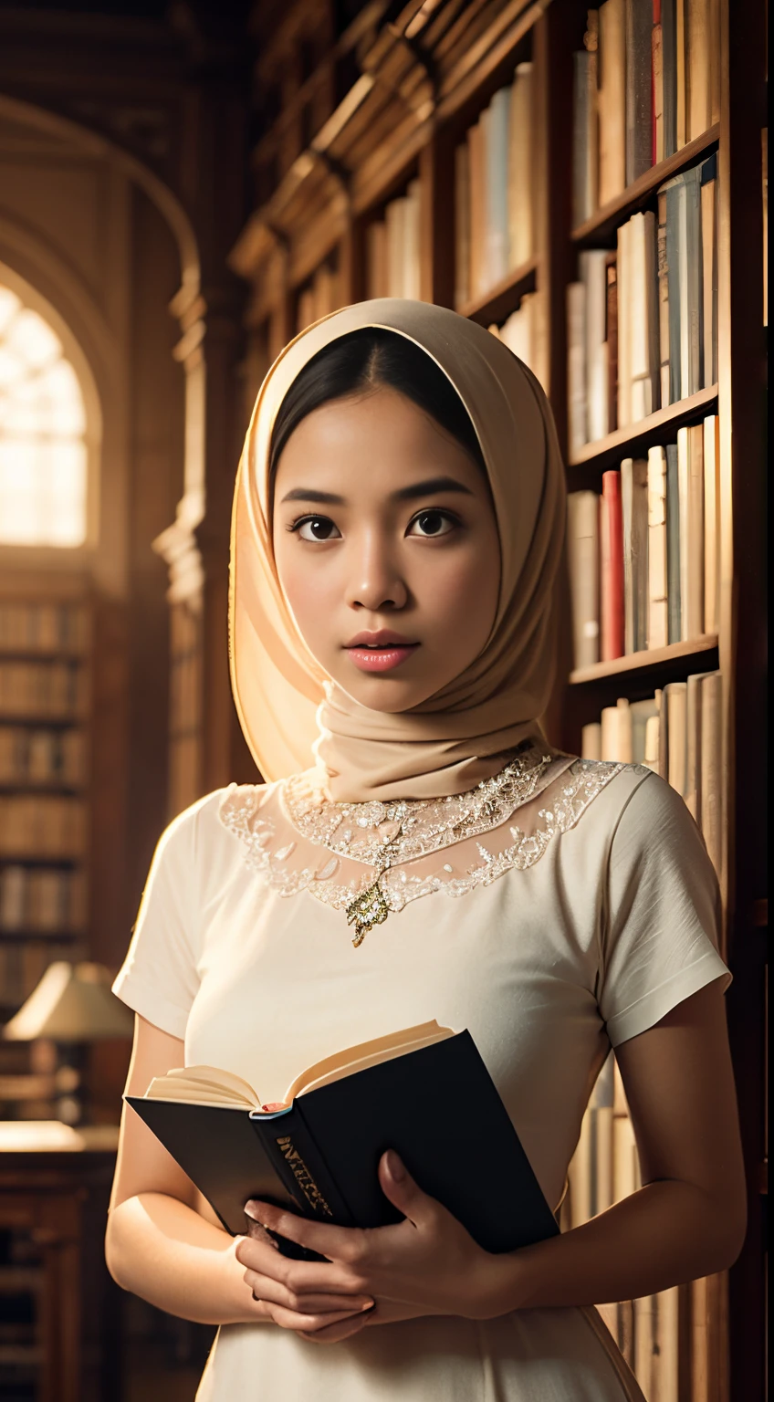 Produce an exceptionally detailed and lifelike scene portraying a young Malay girl, elegantly adorned in a hijab, immersed in a library. Her expression should reflect sheer surprise as magical fairies burst forth from the book she's reading. Strive for impeccable photorealism and an 8K resolution with a dynamic depth of field.