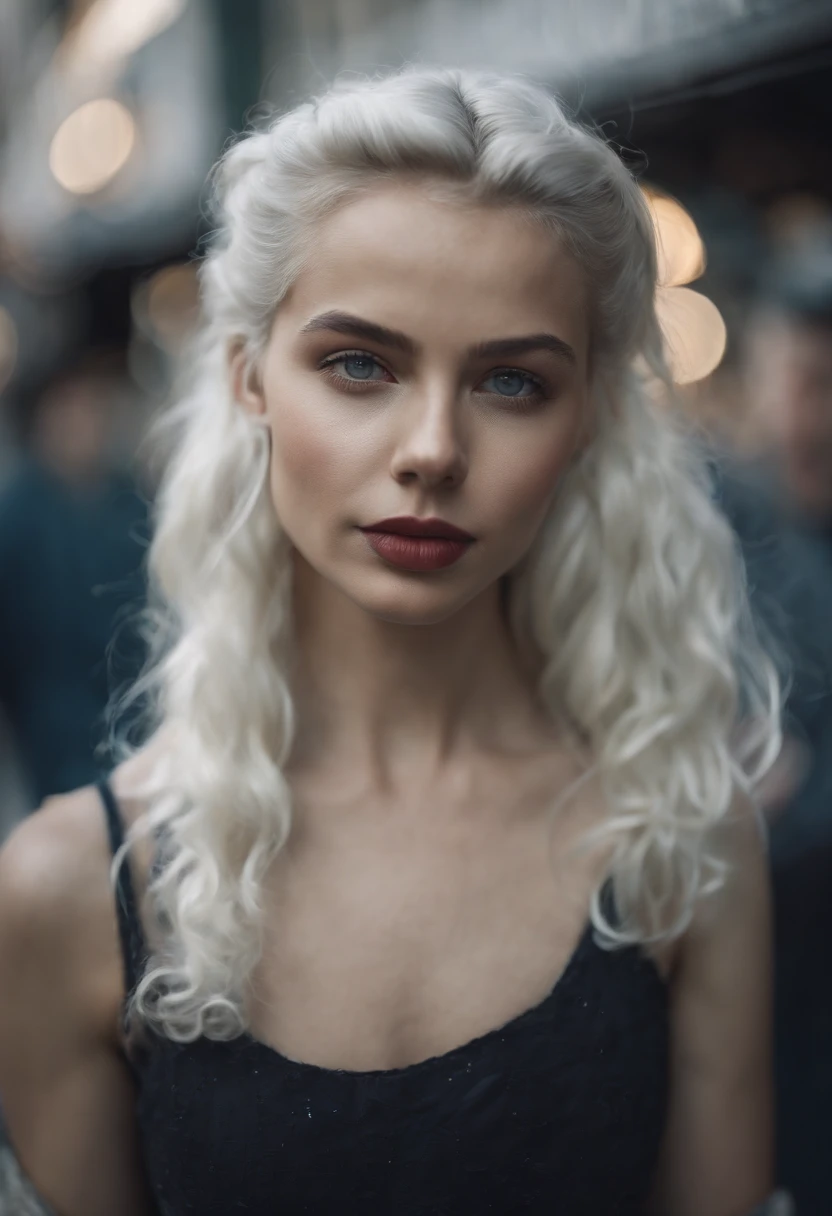 white color hair,Double ponytail curls,blue color eyes,White ta,Beth,A bustling city street