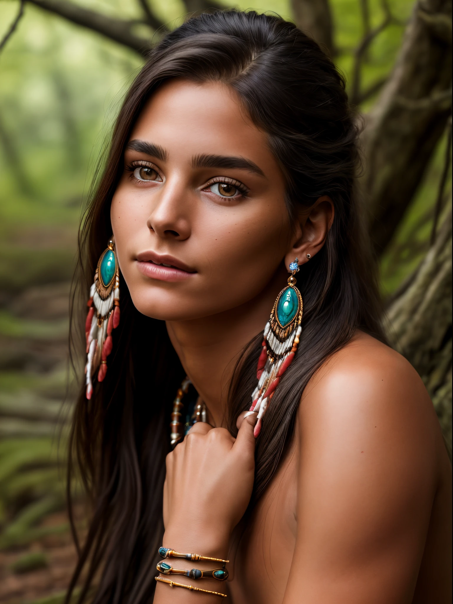 (Realistic:1.5), photorealistic, RAW photo, analog photo style, depth of field, ultra detailed photo of american indian woman, cute face, perfect body, nude, pleasure, some jewelry with native and futuristic elements, 20 years old, she tilted her head but looking to camera, in idillic foggy hollow, dinamic pose, in style of Luis Rojo, naturally cinematic colors