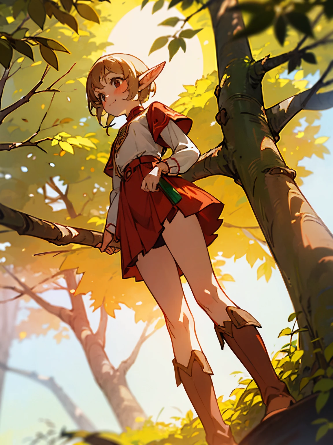 low-angle shot of a very ((tiny)) elf of the forest, as tall as an insect, light smile, red cheeks, white collar, red blouse with white bottons, green plated mini skirt, short brown leather boots, standing on a branch, eating a chestnut, midday, sunflares, mystical atmosphere, masterpiece, award winning, best quality.