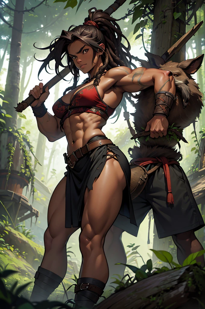 Smilodon companion fur armor barbarian wild woman tribal tattoed long dreadlock hair muscular