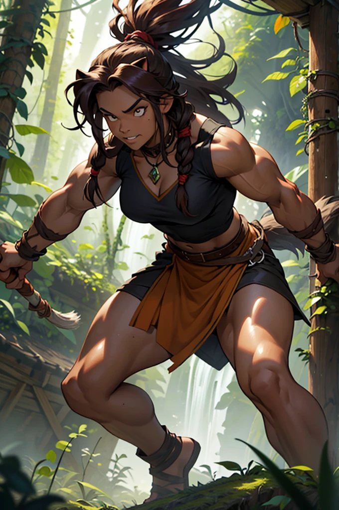 Art style by Alex Horley, short dwarf bodybuilder woman, dark skin, wild boar pet with long red dreadlock hair, wearing rustic fabric vine leaves, wielding rustic spear, faced in combat, Amazon rainforest backdrop, ultra HD definition images of 8k.