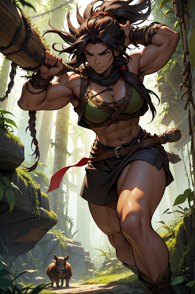 Art style by Alex Horley, short dwarf bodybuilder woman, dark skin, wild boar pet with long red dreadlock hair, wearing rustic fabric vine leaves, wielding rustic spear, faced in combat, Amazon rainforest backdrop, ultra HD definition images of 8k.