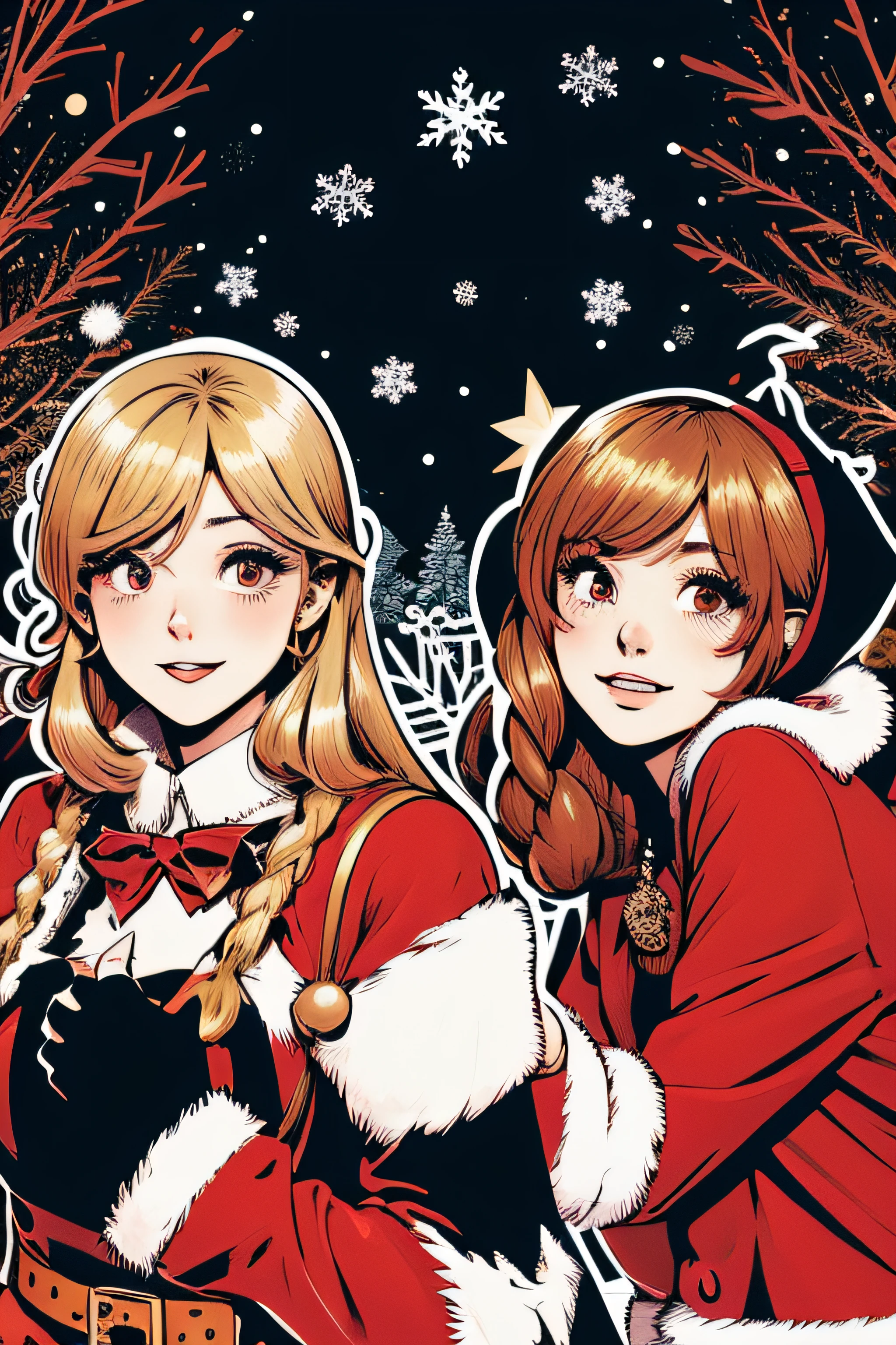 Beautiful Hardcore Illustration homepage illustration style, dark, high resolution, hard touch illustration, strong outline, two girls, Christmas style, Christmas fashion, 8k, American comic style, colorful background, Hiroyuki Nagasaka, aggressive, beautiful face, cool beauty, dress, beauty style, red color, battle, Hard illustration, blond colored hair, Two persons, backwards, Christmas,