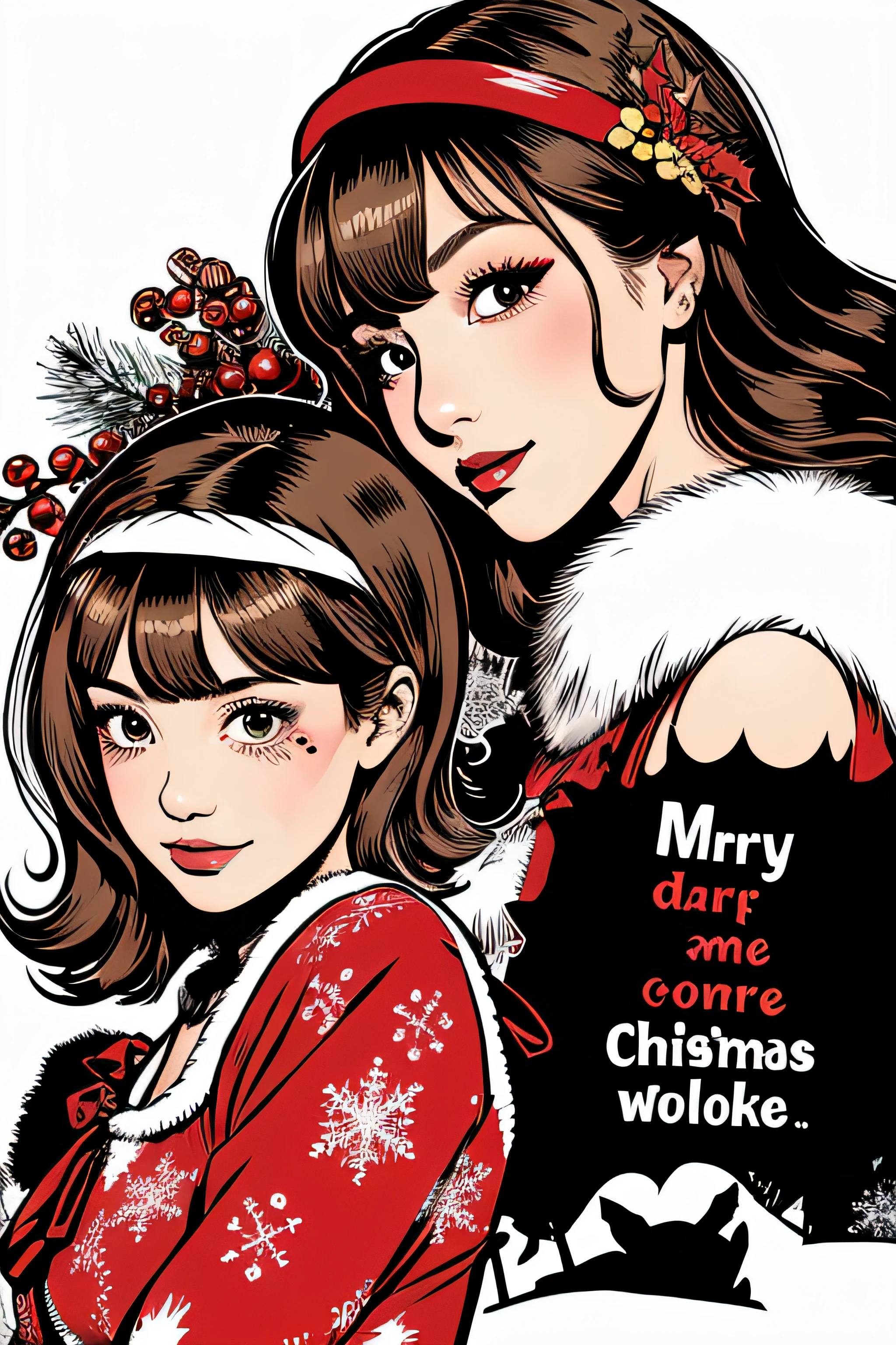 Beautiful Hardcore Illustration homepage illustration style, dark, high resolution, hard touch illustration, strong outline, two girls, Christmas style, Christmas fashion, 8k, American comic style, colorful background, Hiroyuki Nagasaka, aggressive, beautiful face, cool beauty, dress, beauty style, red color, battle, Hard illustration, blond colored hair, Two persons, backwards, Christmas,