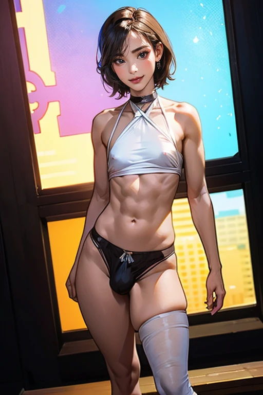 femboy, ((Masterpiece)), (Cute: 2.0), The face is extremely detailed, Enchanted expression, Strong gaze, Black Double French Braid, (Thin structure),Slightly round face, Tanned brown face, Healthy face, Big eyes, Thin thighs, (Small chest), confident pose, harsh, Almond-shaped eyes, rich palette,choker necklace,3D,open-toe high heels, goddess,high heels, goddess, Lean-yet-toned body/androgynous body aesthetic, spasm,tgirl,large erect peni,dickie,penisS,trap,(, , large , testicles, large testicles, erection), CFemboy,Otoko no ko,OTOPIP,dickie in panties, bulge,black pantyhose,black stockings