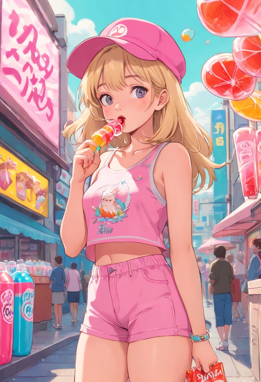 blonde woman in a pink hat sucking on icepop outside, (((no pants))), (((no underwear))), (((show pussy))), (((bare pussy))), candy girl, white tank top with a print, bubblegum body, 90s style, 9 0 s vibe, 🎀 🧟 🍓 🧚, in style of petra collins, 90s aesthetic, 9 0 s aesthetic, soda themed girl, wearing a cute top, y 2 k aesthetic