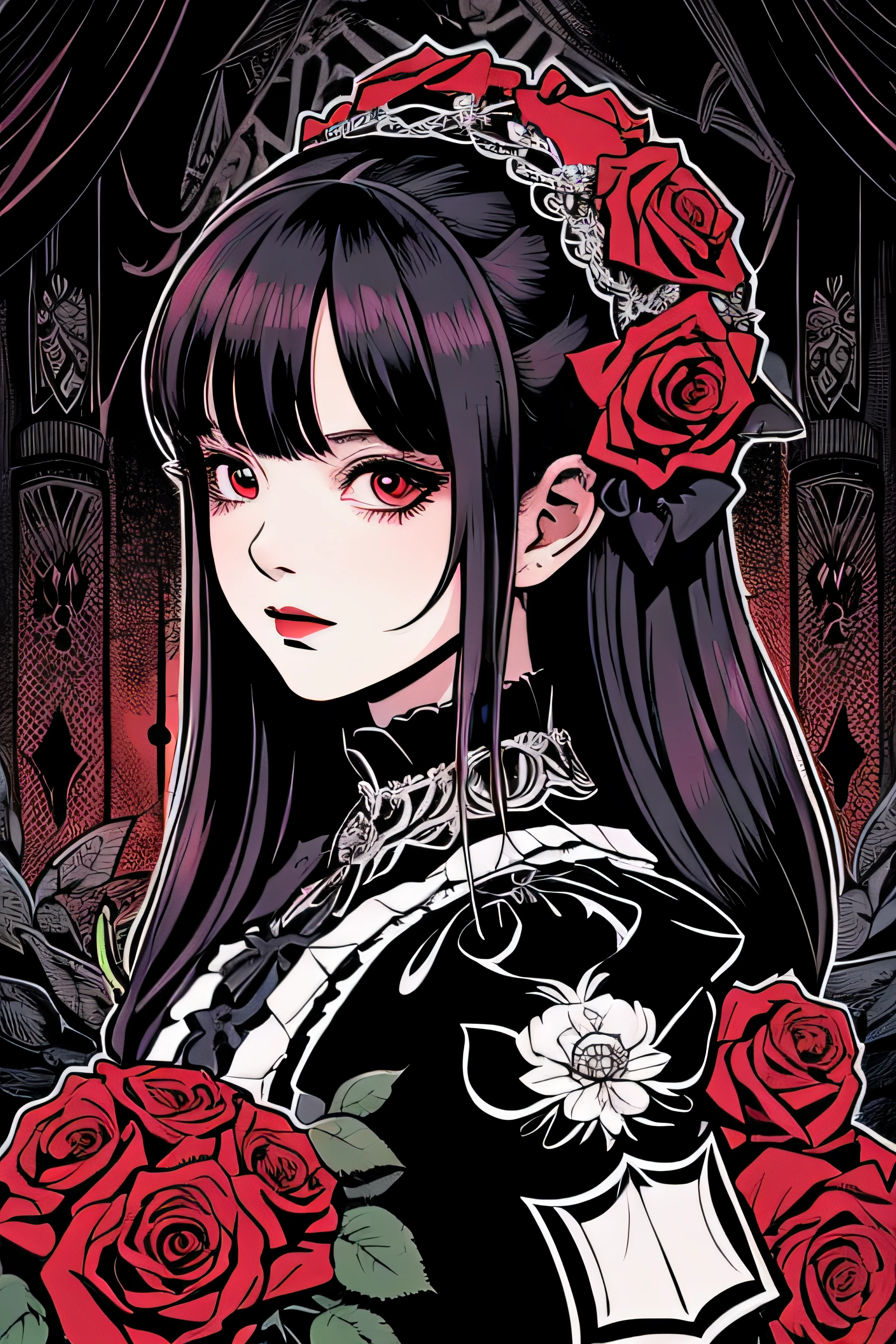 Beautiful Hardcore Illustration homepage illustration style, dark, high resolution, hard touch illustration, strong outline, two girls, gothic & ta style, gothic & loliashion, 8k, American comic style, colorful background, Hiroyuki Nagasaka, aggressive, beautiful face, cool beauty, dress, beauty style, red color, battle, Hard illustration, red colored hair, Two persons, rose, backwards,