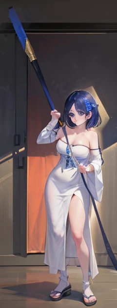 Midnight blue, silver, dancing girl, happy and energetic face, wearing 1920s flapper dress with silver fringes and beads, feather decorations, black short curly bob hair, beautiful dark blue eyes, closed mouth, stepping forward and dancing, city lit by moonlight