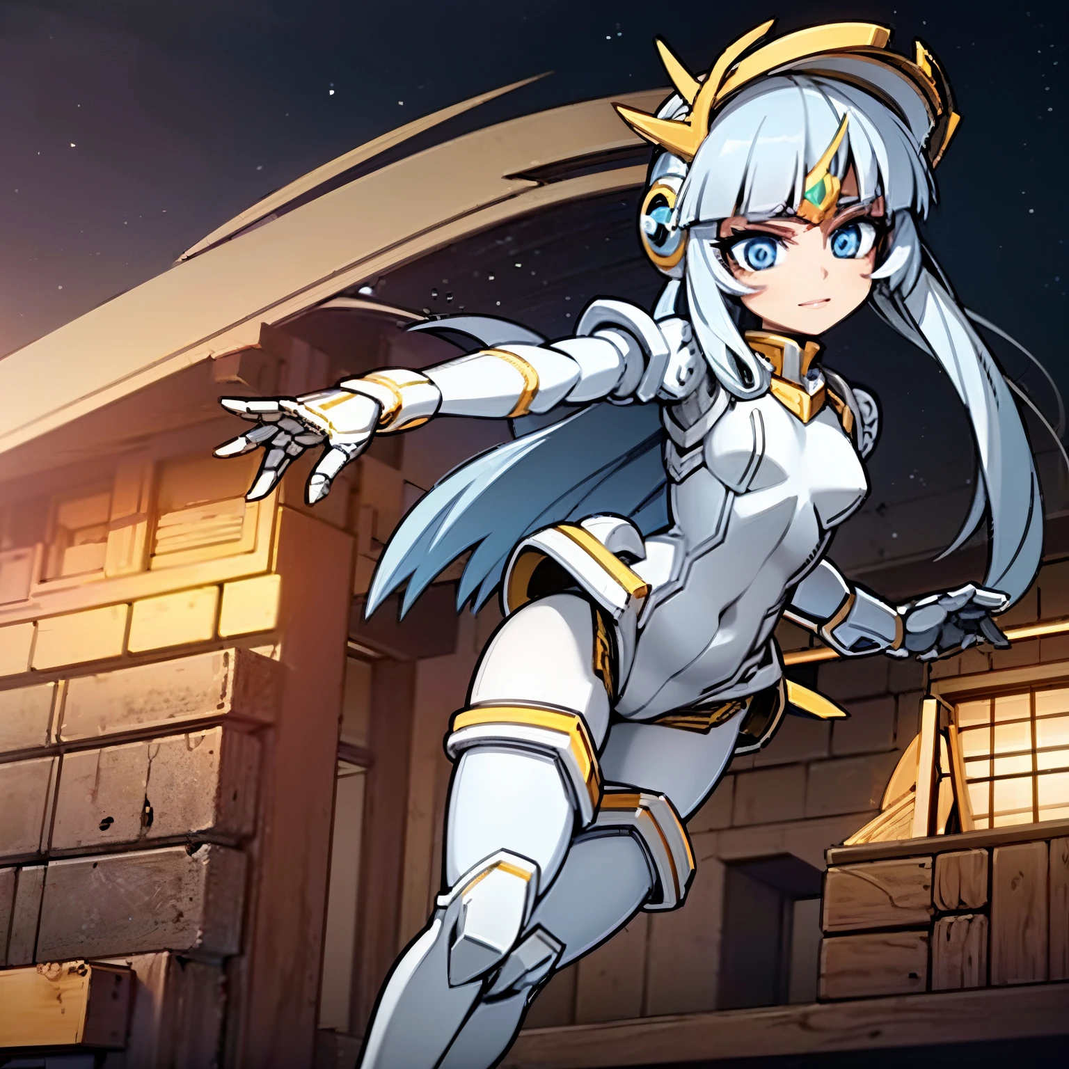 Rapariga, cabelos azuis, cabelos longos, olhos vermelhos, uniforme branco, blank space uniform, robot girl, Mecha girl, robot rockets in back, sorridente, em uma cidade, 4k, master part, disco Rigido, anime, Anime 2D